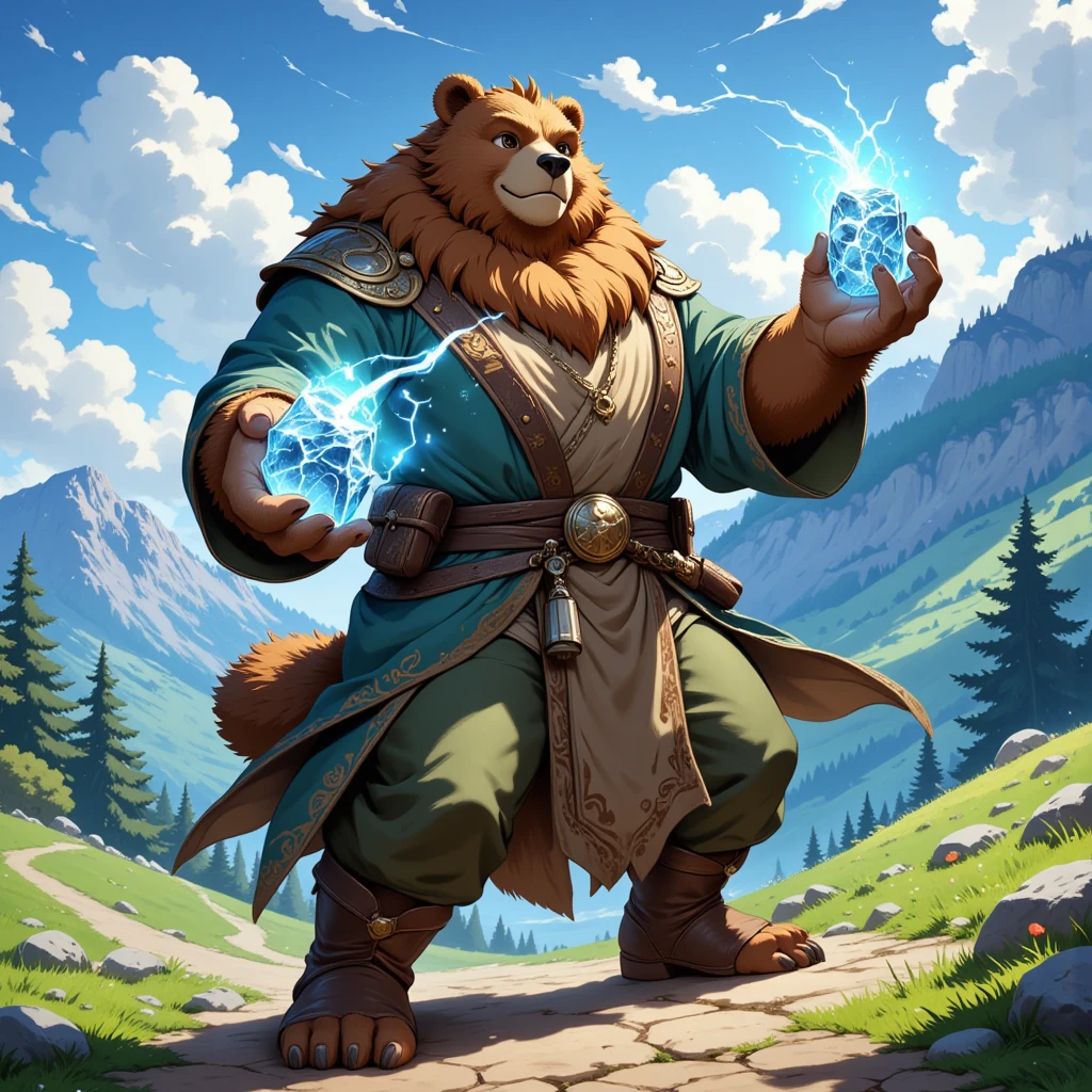 character focus, full body, looking away, various angle, european fantasy, wizard, a muscular middle-aged bear man, heroic costume clothes, robe, shirt, pants, boots, casting ice magic, dynamic pose, BREAK complete anatomy, perfect proportions, beautiful thigh gap, fluffy body, intricate fur details, beautiful fur texture, BREAK a detailed bear 1tail, detailed boots, detailed foot, detailed hands, 5fingers, 5fingers nails, BREAK aesthetic anime face, insanity detailed face, male face, big face, square jawline, aesthetic anime eyes, detailed brown eyes, detailed brown cornea, detailed dark brown irises, detailed pupils, male eyes, big eyes, male eyebrows, innocent look, beautiful beard, BREAK full body in Michelangelo Buonarroti style, digital illustration anime, housamo style, detailed painting landscape, mountain, path, outdoor, full color, HDR, BREAK masterpiece, official art, best quality, very aesthetic, absurdres, super fine illustration, great quality, BREAK noise reduction, very highres, large filesize, high quality, 32K, 8k wallpaper, dynamic lighting, BREAK insanity detailed, ultra detailed, intricate details, extremely detailed, detailed texture, an extremely delicate and beautiful, BREAK osukemo, e621 illustration, kemohomo, anthropomorphic, furry, cartoon, harmonious body, pastoral face, virtuous eyes, epic atmosphere