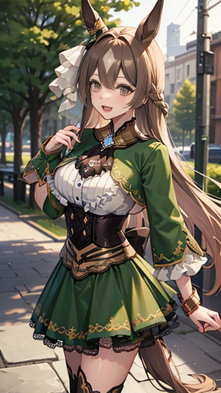 masterpiece, Best Quality,  high definition, Asato, Long Hair,  half up ,  braided ,  hair between eyes ,  animal ears , earrings, Horse tail, breast, frills, Black Ascot,  green dress, (Sleeves up to the wrist:1.2),  black knee-highs,  cowboy shot,  is standing, Outdoor, smile,  open your mouth 