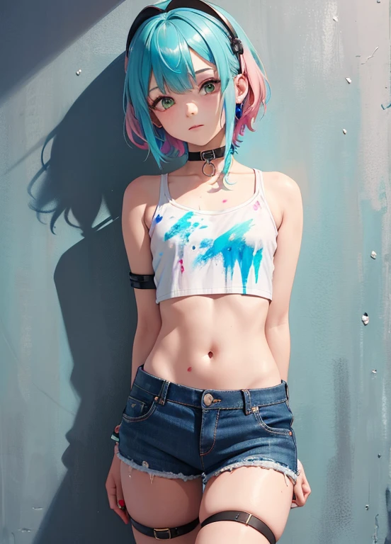 realistic, girl,flat chest,Slender,long hair,,multicolored hair, two-tone hair, split-color hair,prison, Clothes torn off, groin