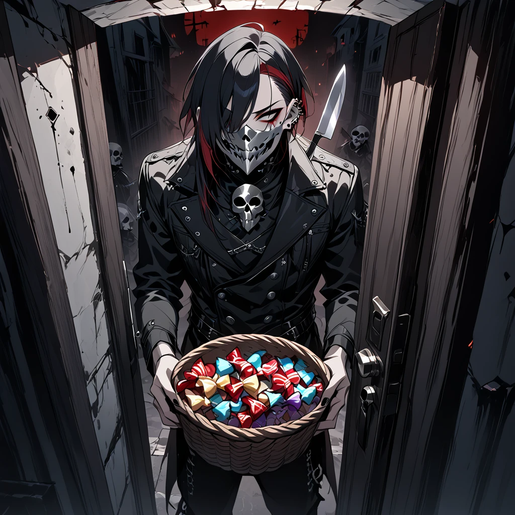 1 man with red and black sidecut punk hair, silver skull mask over his mouth, black eyes, piercings, standing in an doorway with a basket full of candy while holding a knife, dark and eerie night