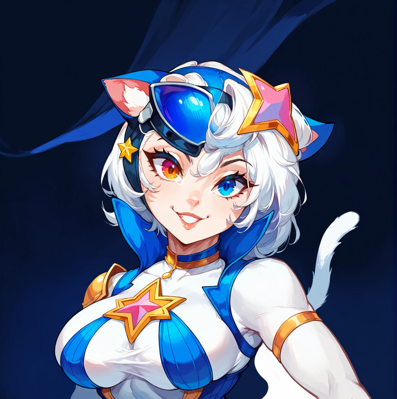 An anthropomorphic kitten with a youthful and energetic appearance. She is small in stature, with medium-sized pointed cat ears that stick out from the head. Your eyes are big and expressive, with bright blue irises that convey your curious and playful personality. His face is adorned with a small, nariz delicado, and your mouth usually curves into a friendly smile. his clothes are a blue suit with gold details, Carregando uma katana