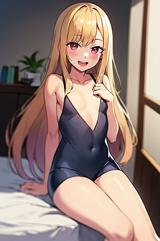 ((Best Quality)), ((masterpiece)), (be familiar with),  perfect face, indoor, bedroom,  watching viewers ,
One woman,  Kitakawa Kaiumi,
 characters with open mouth ,  ecstatic expression, blush, smile,
Small breasts,  flat chest, , ,  s, Girl,
Long Hair,  long hair ,
Leg spread,