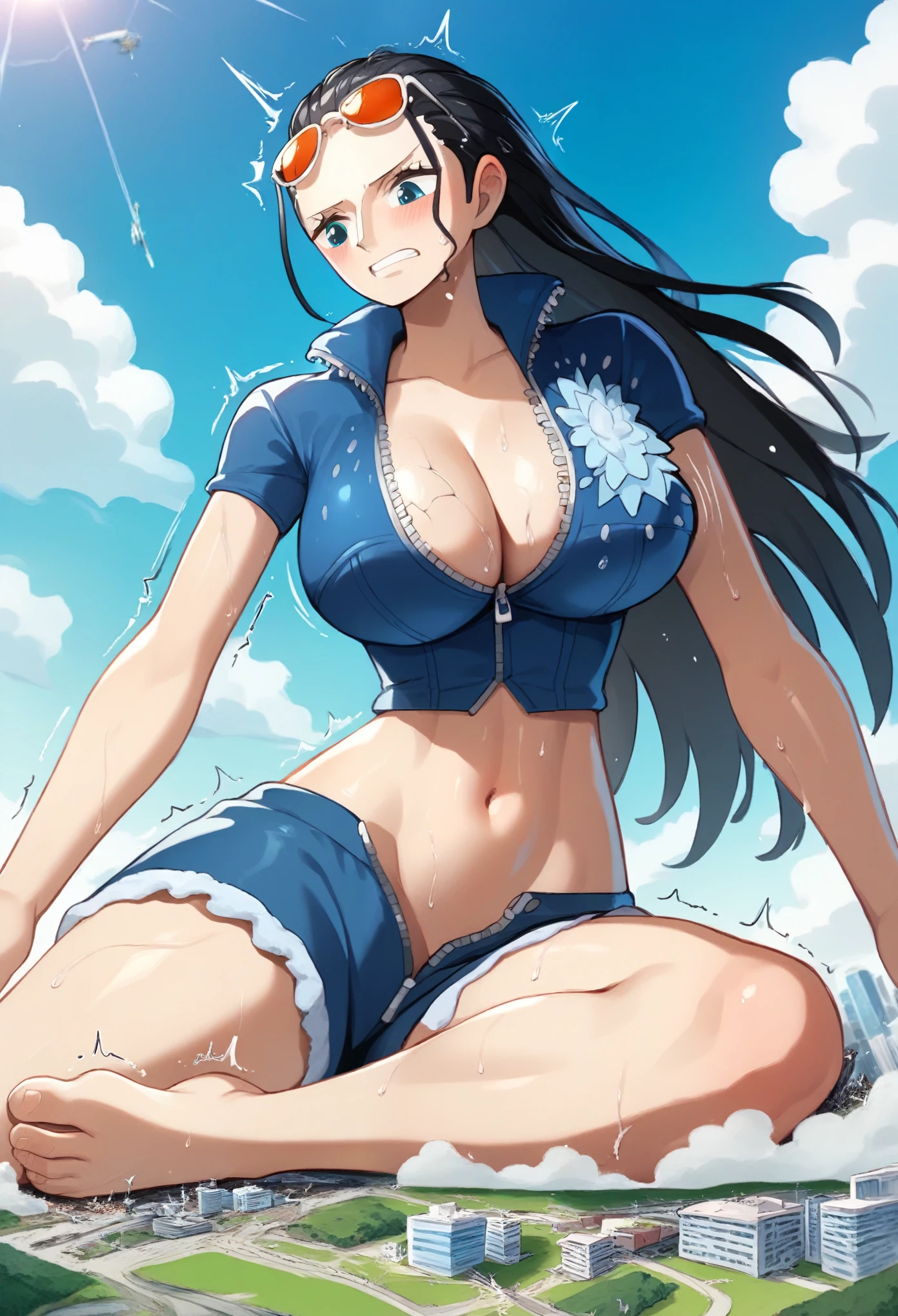 easynegative, safe_pos,score_9,score_8_up,score_7_up,score_6_up,source_anime, Giantess, macro, very sweaty, barefoot, Landscape, cityscape, orgasmic expression, satisfaction gaze, BREAK NicorobinSDXL, solo, long hair, breasts, blue eyes, large breasts, black hair, navel, cleavage, collarbone, blue jacket, short sleeves, midriff, stomach, crop top, eyewear on head, zipper, cropped jacket, tinted eyewear, hair slicked back, collared jacket, partially unzipped, nico robin, 1girl, medium cock, testicles, erect penis, cum, Veined cock, Wrinkled testicles, female body, full body, skinny, erect dick, masturbation, building destruction, cracked building, cum on the city, trembling, motion lines,