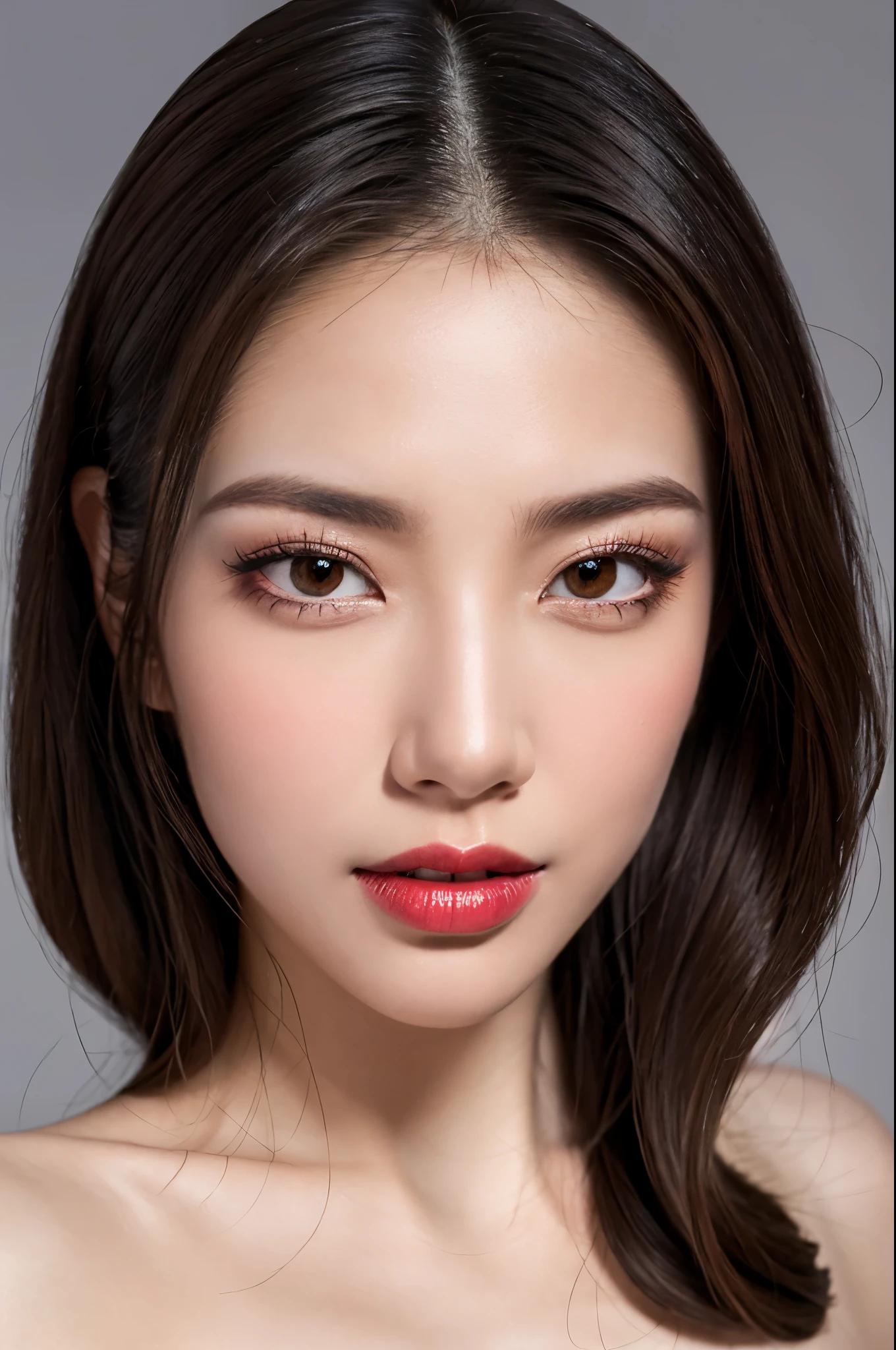 (Highest quality, Tabletop, 8k, Best image quality, Award-winning works), great beauty, (nude:1.5), (The simplest pure black background:1.5), (Face close-up:1.6), Accentuate your body lines, Beautiful and exquisite, seductive Expression, (look straight at me), (stand upright facing forward:1.1), (Perfect Makeup:1.1), (Bright lipstick:1.1), Ultra-high definition beauty face, Ultra HD Hair, Ultra HD Shining Eyes, Ultra-high quality, vibrant and glossy lip color, Accurate anatomy, Very beautiful skin, Ultra high resolution and beautiful, Glowing Skin, An elegant upright posture when viewed from the front, Sweaty skin, Hot face, Damp Hair, Moist Skin