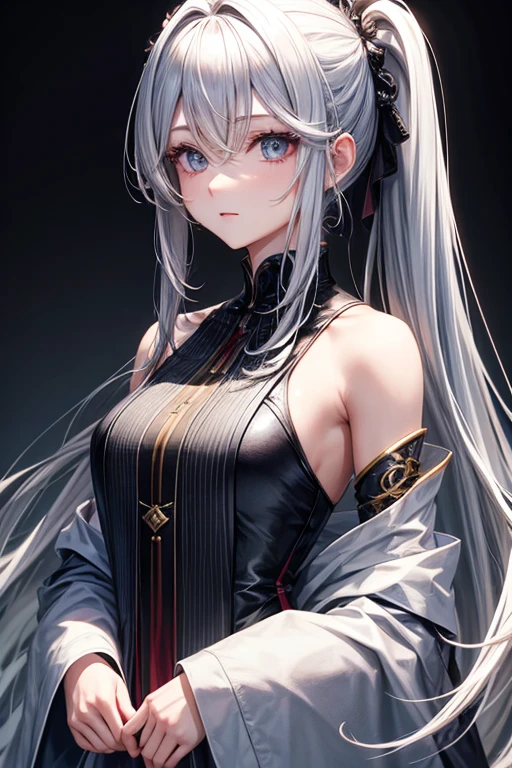  hairstyle with full hair flowing back、[Strange Eyes、[Strange Eyes、Silver hair behind 、Her hair is shoulder length、[Strange Eyes、Man&#39;s left eye red、Male right eye blue、Increase the wide angle、 Clear Eyes 、 white dress 、Background white、