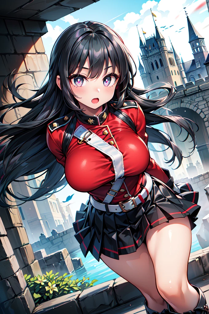 makes an aesthetic,masterpiece, best quality, high quality, detailed, ultra detailed, hyper detailed, insanely detailed, exquisite, beautiful, Full-HD, 16K, highres, ),((1girl:2,solo:2,15year old,baby face:1.8,cute girl:2,large breasts:2.4,curvy:1.4,white skin)),((long hair,jet black hair:2)),(purple eyes:2.5,perfect eyes:2,bright pupils:1.2, white pupils:1.2,round eyes:1.6,sparkling eyes)),((female knight:2,military uniform:1.5, red jacket, strap between breasts, white gloves, belt, pleated skirt, black skirt,blue underwear:2,boots,fantasy world,in the noon:1.5,castle:1.2)),cheerful,jamping,hopen mouth
