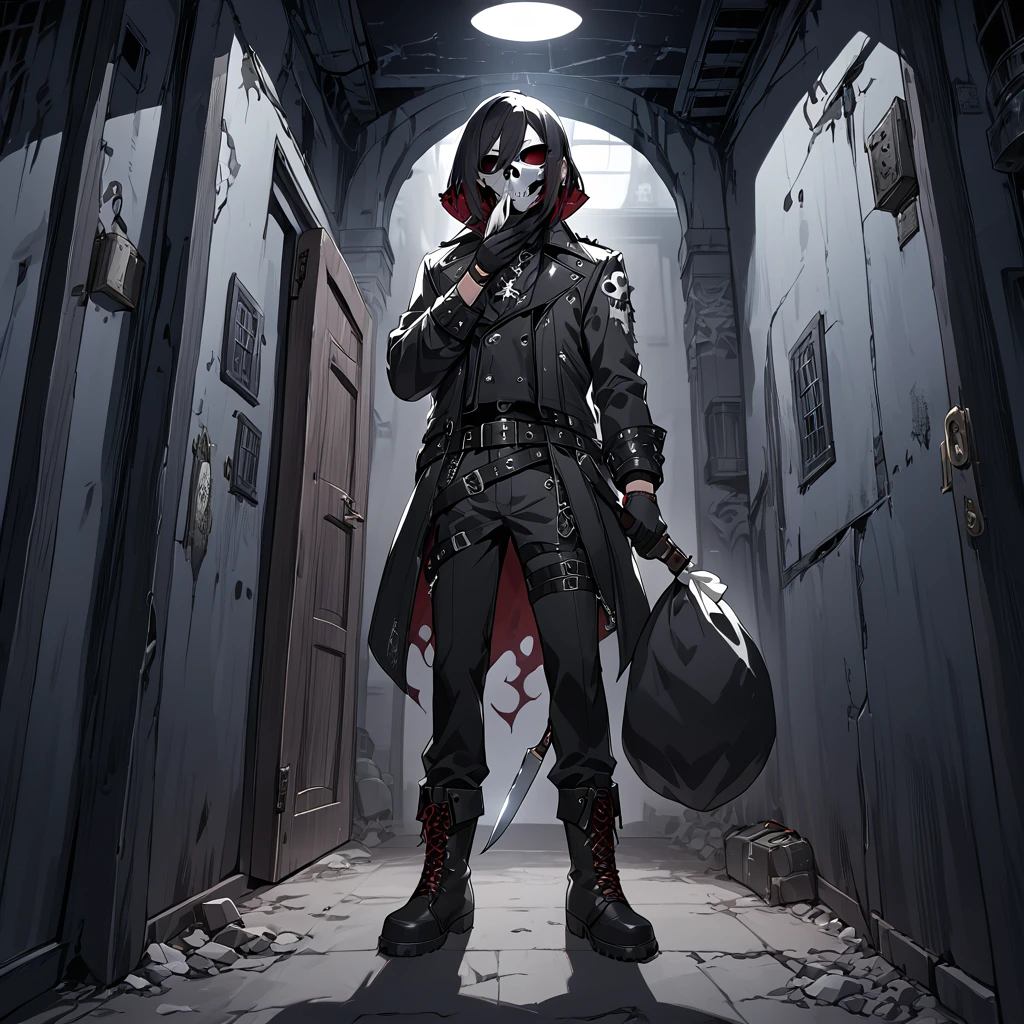 1 man with red and black sidecut punk hair, silver skull mask over his mouth, black eyes, wearing leather, belts, boots and gloves, standing in an doorway with a sack while holding a knife, dark and eerie night street backdrop
