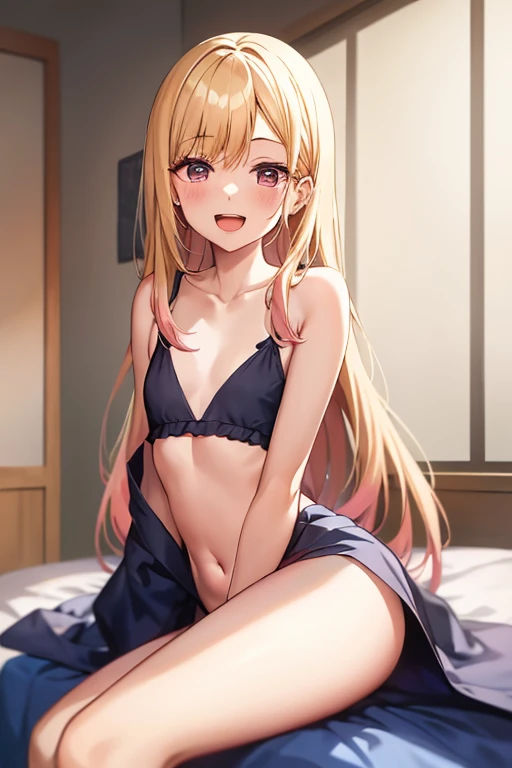 ((Best Quality)), ((masterpiece)), (be familiar with),  perfect face, indoor, bedroom,  watching viewers ,
One woman,  Kitakawa Kaiumi,
 characters with open mouth ,  ecstatic expression, blush, smile,
Small breasts,  flat chest, , ,  s, Girl,
Long Hair,  long hair ,
Leg spread,