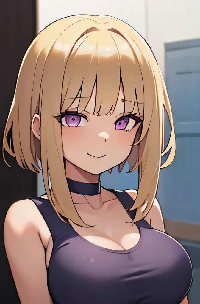 1 Girl, blonde hair , short bob,Straight Bangs,Purple Eyes,shaped pupils,Big Breasts,Busty, tight chest, cute,Young,smile,A plain t-shirt with an emphasis on the chest,My eyes are reflecting