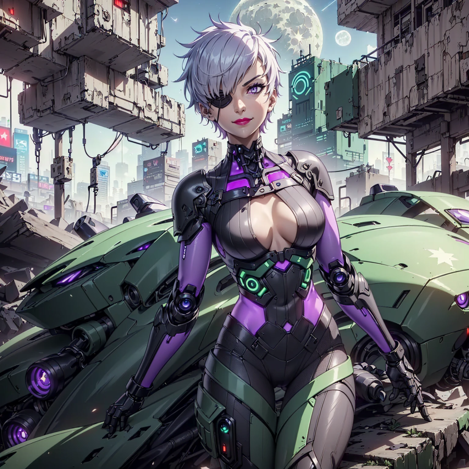 (1girl, Alone, alone), (najenda, short hair, (eye patch, purple eyes:1.3), grey hair, eyepatch, eye patch, single mechanical arm, Silver Hair,Short Hair, lilac eyes), ((Alone, (1woman,pink lipstick ), extremely detailed , Soft ambient lighting, 4K, perfect eyes, a perfect face, Perfect Lighting, the 1 girl)), ((fitness, , shapely body, athletic body, toned body)) , ((militant combatants, wearing hologram armored combat suits that fit tightly to the body and blend into the surrounding scenery, cyberpunk armor suit, woman, cyber armor, smug, smug smile, framing against diving, cyberpunk city, armor, bodysuit, mecha, robot, ((purple armor, green and black armor suit, night, full moon, stars, jade, cyberpunk city)), red lipstick, fan))