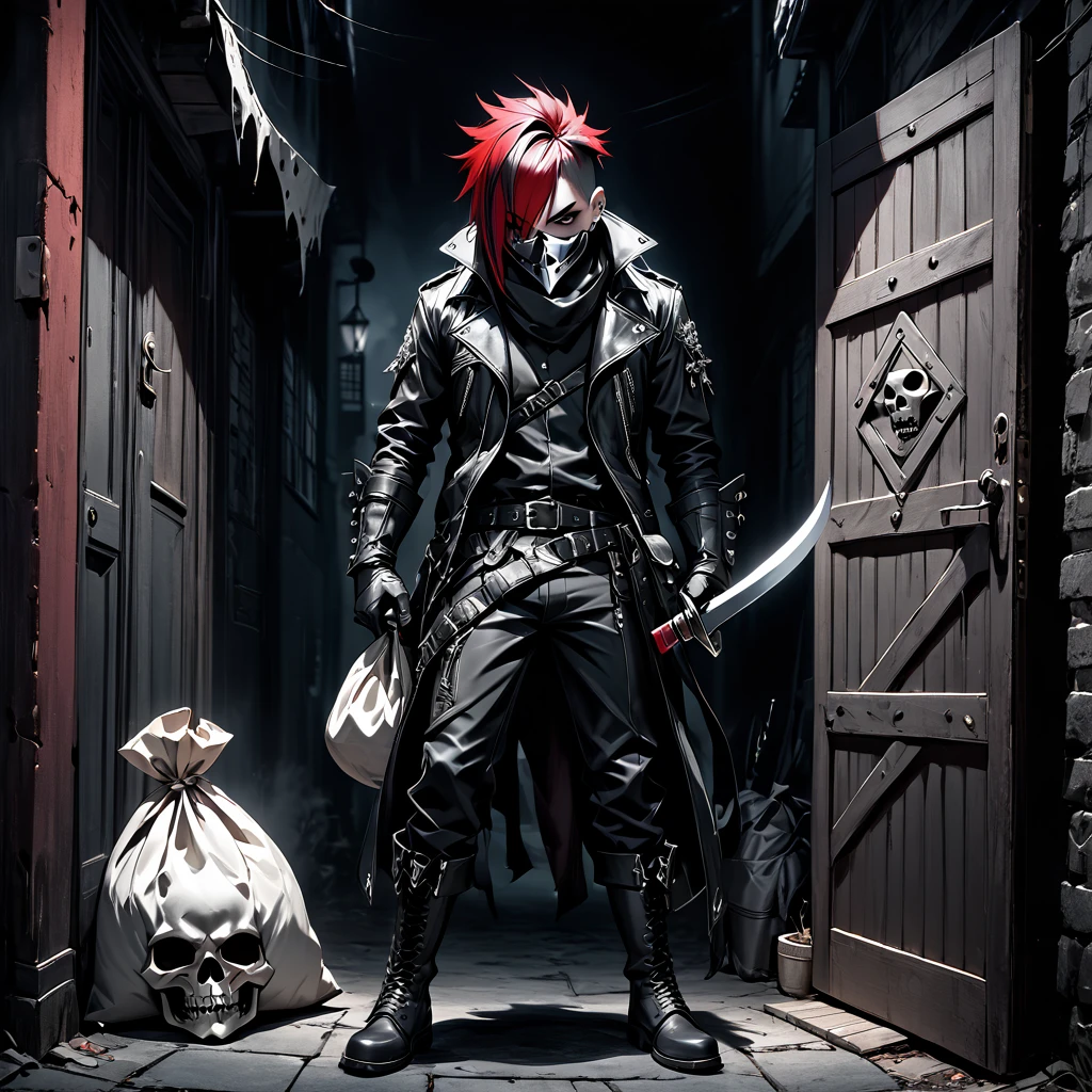 1 man with red and black sidecut punk hair, silver skull mask over his mouth, black eyes, wearing leather, belts, boots and gloves, standing in an doorway with a sack while holding a knife, dark and eerie night street backdrop
