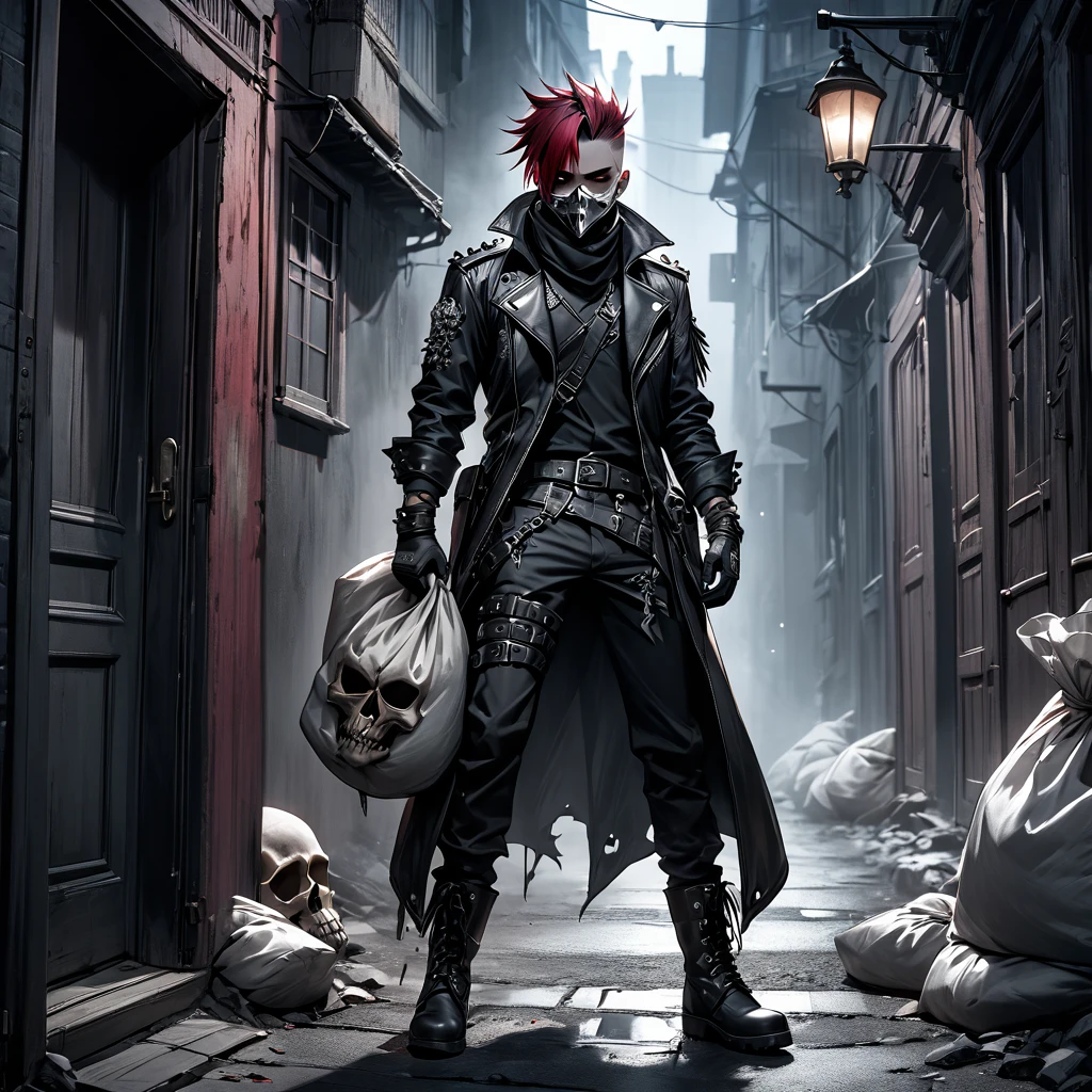 1 man with red and black sidecut punk hair, silver skull mask over his mouth, black eyes, wearing leather, belts, boots and gloves, standing in an doorway with a sack while holding a knife, dark and eerie night street backdrop
