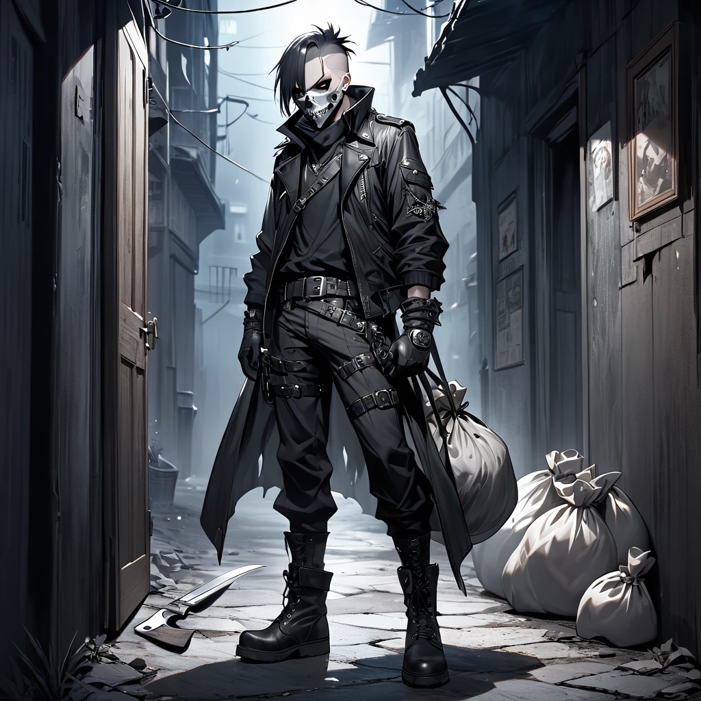 1 man with white sidecut punk hair, black sclera, silver skull mask over his mouth, wearing leather, belts, boots and gloves, standing in an doorway with a sack while holding a knife, dark and eerie night street backdrop
