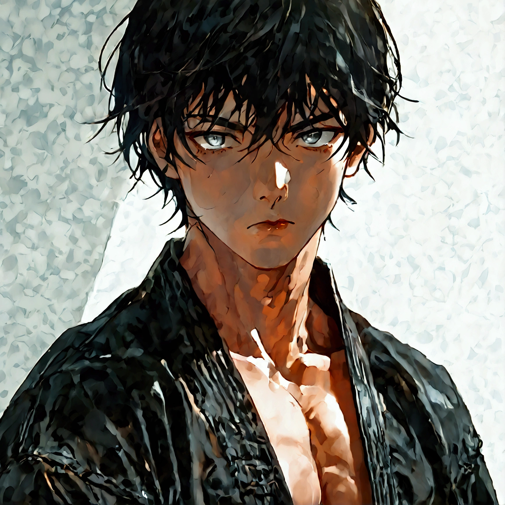 anime,   boy, with black-brown skin  ,  thin and stretched eyes , gray pupils,   with a firm look of someone who carries a burden but who continues to live,   the slightly lowered eyelids  ,  dark and soft dark circles under the eyes ,   short hair that falls over the upper part of the forehead  ,   the expression on the face is serious but also minimally sad  ,   slightly wide and muscular neck and trapezoid  ,   slightly muscular arms  ,   the clothes of a judo fighter and totally black  .anime, 