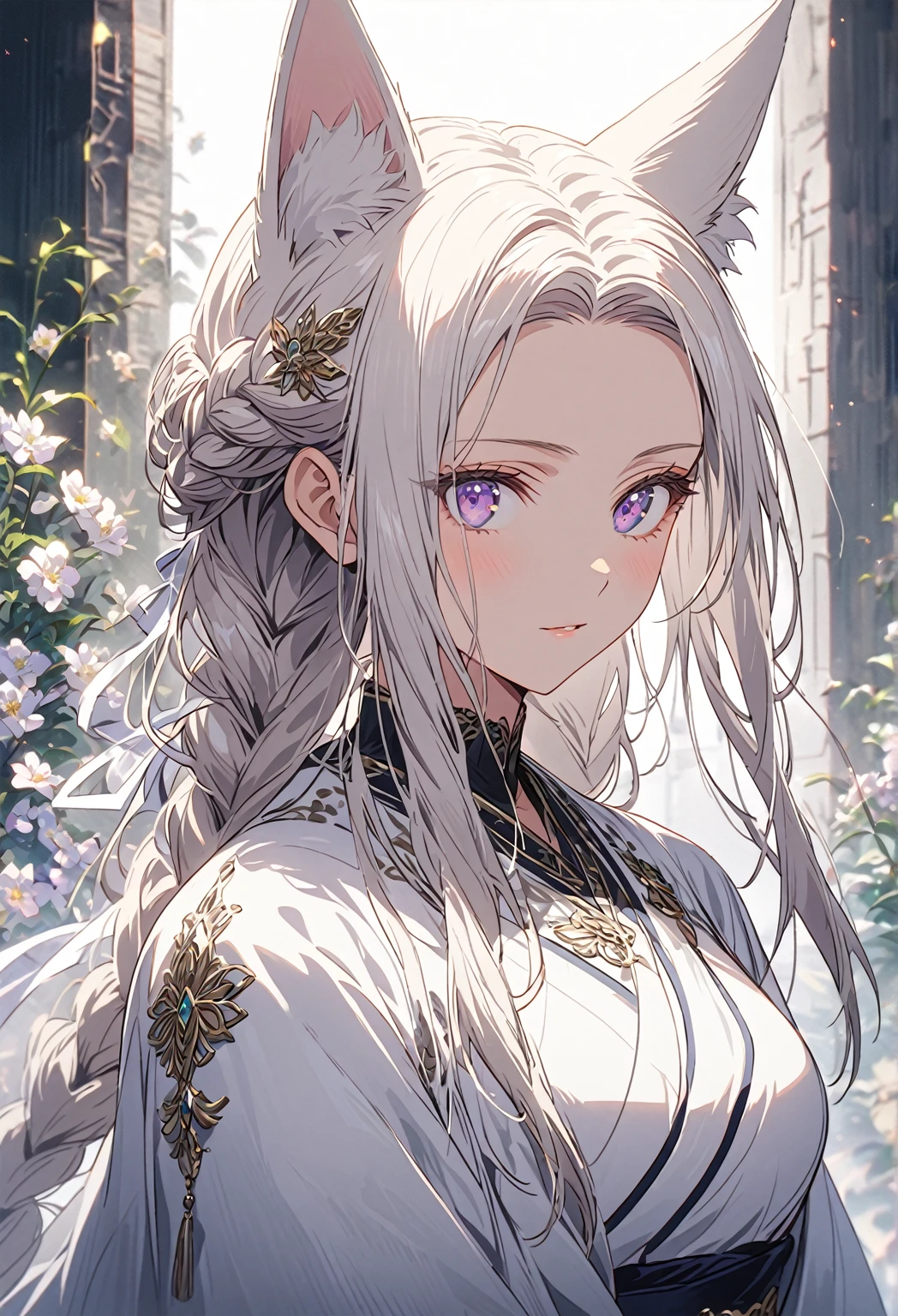 ((Portrait)) ((POV: Close)) ((Flower pattern ornament)) ((Motherly expression)) ((Alone)) Create an anime-style image of Aiko, an elegant fox girl with a graceful aura. She has long, white hair styled in a braid, soft, fluffy fox ears, and light purple eyes that radiate warmth and kindness. Her expression is gentle and slightly mischievous, conveying both confidence and a caring nature. She is dressed in a pure white kimono, emphasizing her nurturing elegance. Highlight her graceful figure, big breasts, and mature demeanor, reflecting a caring, protective nature alongside a hint of playful mischief. The background is a misty, ethereal garden, softened with dark, muted tones. The celestial, heavenly environment is now shadowed and dreamlike, with a dim, diffuse light casting delicate shadows around her. A depth-of-field effect keeps Aiko sharply in focus, while the rest of the scenery blurs into a haunting, moody backdrop, enhancing her soft yet striking presence. 