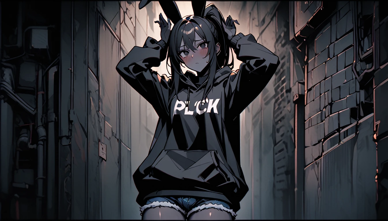 solo, male:1.1, femboy, pitch black skin, long hair, ponytail, black hair, black eyes, oversized hoodie, rimmed denim shorts, close up, black rabbit ears, shapely thighs, crotch bulge, alley wall, fluffy black rabbit tail:0.9, cowboy shot, tall, thick thighs:0.3, embarrassed, looking at viewer, looking up:0.4, broad shoulders, cool pose, against wall