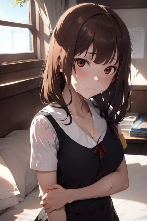 NSFW、Official Art,  unity 8k Wallpaper , Super detailed, masterpiece, Best Quality,  pretty girl beside the bed、Brown Hair, ( very detailed),( RAW Photos、Best Quality)、(Realistic、 photorealistic:1.3)、 high detail、顔の very detailed複雑な 3D レンダリング、( very detailed肌:1.2)、 Dynamic Angle,   professional lighting ,  side light, Cinematic Light,  super A high resolution , 8k ,  film grain, best shadow , Particles of light, fine skin texture,  detail face ,  intricate details, Super detailed, Iino Miko、 school uniform、Summer clothes、 white shirt 、 black skirt、 red ribbon、 is short、 big breasts at the temple、 cleavage、((sweat))、 wet skin 