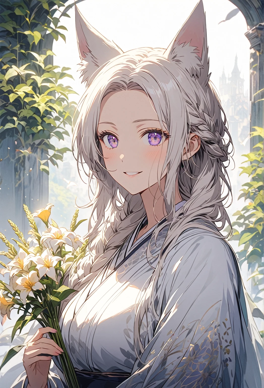 ((Portrait)) ((POV: Close)) ((Flower pattern ornament)) ((Motherly expression)) (Smiling) ((Alone)) Create an anime-style image of Aiko, an elegant fox girl with a graceful aura. She has long, white hair styled in a braid, soft, fluffy fox ears, and light purple eyes that radiate warmth and kindness. Her expression is gentle and slightly mischievous, conveying both confidence and a caring nature. She is dressed in a pure white kimono, emphasizing her nurturing elegance and mature aura. Highlight her graceful figure, big breasts, and mature demeanor, reflecting a caring, protective nature alongside a hint of playful mischief. The background is a misty, ethereal garden, softened with dark, muted tones. The celestial, heavenly environment is now shadowed and dreamlike, with a dim, diffuse light casting delicate shadows around her. A depth-of-field effect keeps Aiko sharply in focus, while the rest of the scenery blurs into a haunting, moody backdrop, enhancing her soft yet striking presence. 