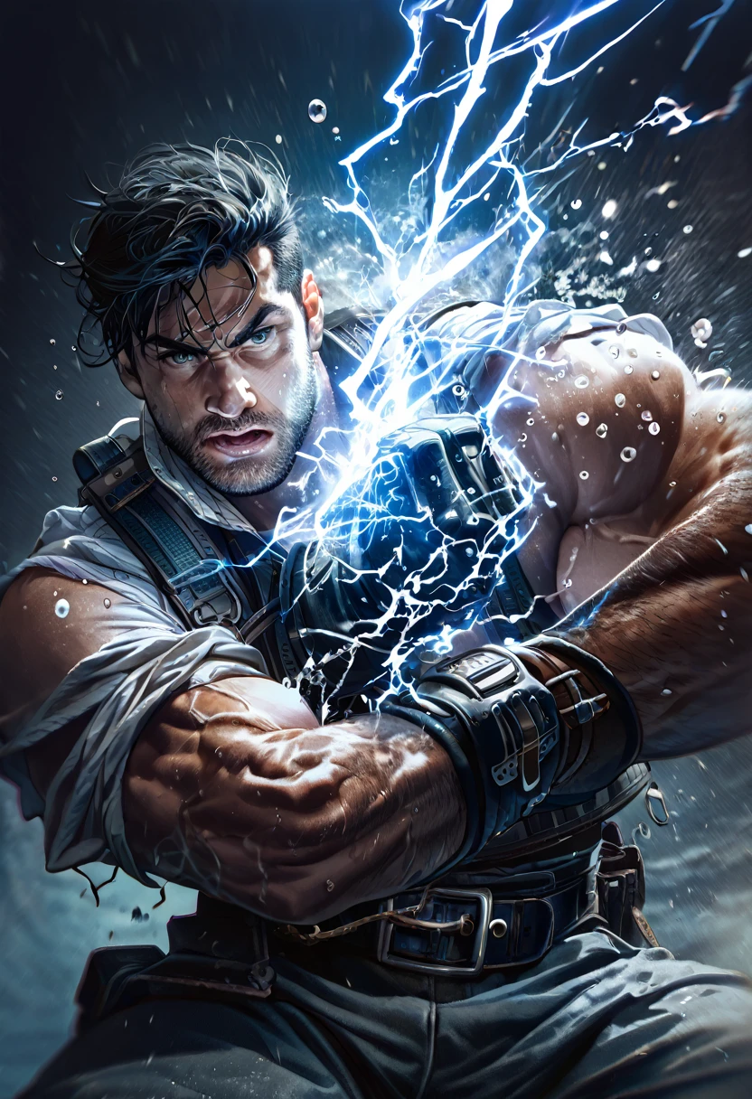 (Only 1 man), muscular man,  dynamic pose ,  water splash , Powerful, intense,  short hair , naked, leather harness, bíceps, triceps, water drops, blue tones, metal, determination,  clenched cuffs , action, strength,  domino effect ,  high contrast , lightning, wet bdsm costume, realism, Tactical belt, black jockstrap,  forearm guards , motion,  protective equipment ,  bursting water , intense look, heroic, Underwater, Bubbles,  whipped water , skin texture,  fabric detail ,  belt buckle , Energy, darkness, highlights, BRACELET, strain, strong, currents, Adrenaline, immersive, fascinating, formidable, flexing, physical fitness, wet look, stormy,  torrents , Tactical gloves,  detailed textures , Rivets, buckles,  gear details , water, athletic,  military, focused, surging , Swirl, submerged,  combat ready , resilience,  hydrodynamic , dominant, rapid motion,  tight jaw , big chest, hairy chest, big menis, perfect penis, (GS-Male), 8K, hires, absurdres,  ultra high resolution , RAW Photo, The best quality,  masterpiece , best aesthetics, game_CG, perspective, atmospheric, epic, conceptual art, octano render, volumetric lightning, spot lightning, cinematic lightning, dynamic lightning, soft shadow, chiaroscuro, HDR-10,  detailed complex ,   Highly detailed ,  lighting,   skin detail ,  sharp focus , bokeh, depth of field, intricate, photorealistic, hyperrealistic,  professional photography ,  bright colors , contrast, MEDIUM SHOT