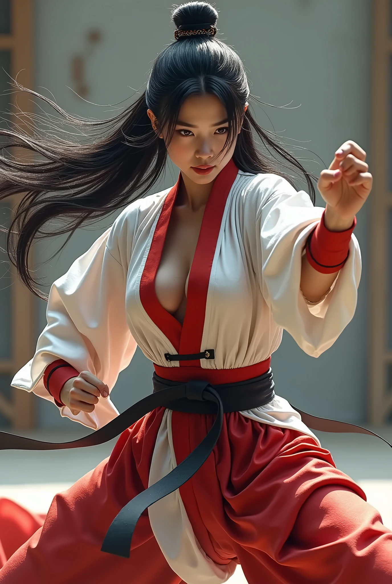 high quality fingers, normal hands, detailed fingers, masterpiece, (realistic, photo-realistic: 1.37), realistic, 1girl, long hair:1.5, black hair:1.2, red eyes:1.5, bright eyes, mortal kombat, ninja, blood, scar, weapons, kimono, dress, mortal kombat suit, large breasts, fighting pose, serene look, temple, meditation, injuries, ninja mask, cover half face, eyes to the sky