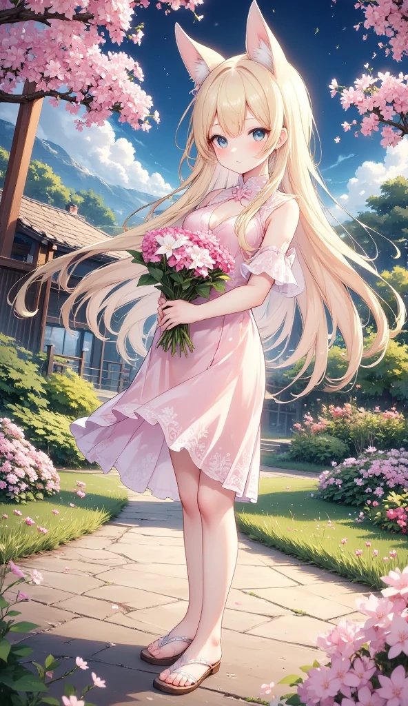  A beautiful 21-year-old anime fox girl with bright blue eyes , long, ruby red hair ,  fox ears and a bushy fox tail ,  stands gracefully in an idyllic garden . She wears an elegant,  pastel pink dress with delicate lace decorations and a flowing skirt ,  that gently swings in the wind ,  matching sandals and subtle jewelry accessories  ( small necklace , armband).  your posture is upright and graceful ,  she is standing slightly to the side of the camera and holds a magnificent bouquet of flowers in her hands,  smiling full of joy and gratitude looking directly at the camera .  The background shows a garden in full bloom with lively flower beds ,  blooming shrubs and trees ,  the soft shadows .  A classic garden house or pavilion creates a romantic atmosphere ,  under a clear blue sky with fluffy clouds .

( extra realistic :1.5), ( 8k Ultra HD :1.5), (hdr:1.4), masterpiece quality,  extremely detailed textures ,  cinema quality ,  perfect facial features and body ,  harmonious and balanced colors ,  realistic light and shadow effects ,  detailed environment ,  clear composition without distractions ,  cheerful and heartfelt expression , Exact Anatomy,  epic composition , ArtStation, intricate details, cinematic