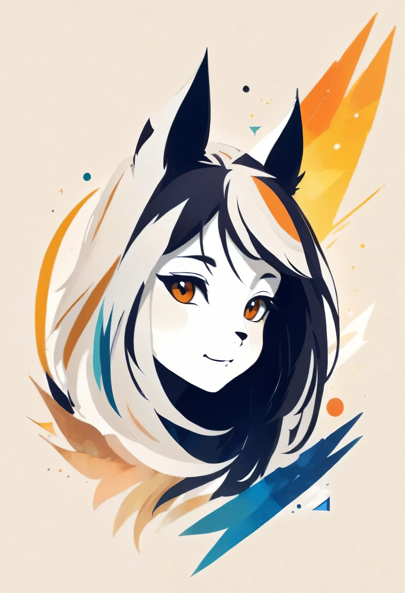 PORTRAIT OF A GIRL,1GIRL, illustration-style,modern, striking composition,sleek lines, unique pattern,abstract elements,geometric shapes,GEOMETRIC LOGO, , , expressive strokes , ,ANIMAL EARS, ANIMAL NOISE,CAPYBARA EARS, ANIMAL NOISE,ANIMAL headwear,SMILE, HALF CLOSE EYES, BROWN AND WHITE ANIMAL EARS,BROWN HAIR,((SILHOUETTE:2)),SIDE VIEW,FANTASY,(EPIC), SPARKS,VIBRANT, KEMONOMIMI,