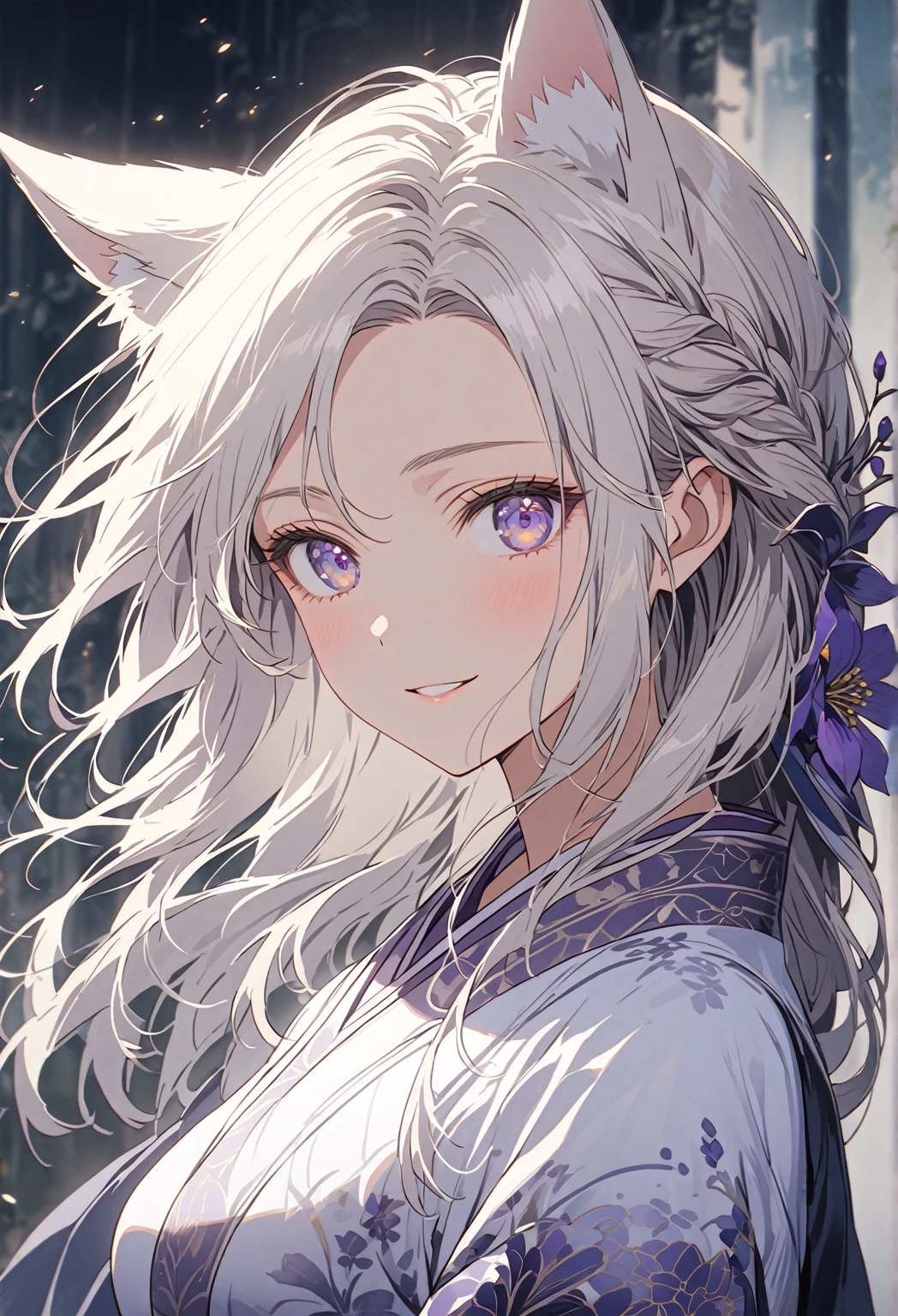 ((Portrait)) ((POV: Close)) ((Flower pattern ornament)) ((Motherly expression)) (Smiling) ((Alone)) Create an anime-style image of Aiko, an elegant fox girl with a graceful aura. She has long, white hair styled in a braid, soft, fluffy fox ears, and light purple eyes that radiate warmth and kindness. Her expression is gentle and slightly mischievous, conveying both confidence and a caring nature. She is dressed in a pure white kimono, emphasizing her nurturing elegance and mature aura. Highlight her graceful figure, big breasts, and mature demeanor, reflecting a caring, protective nature alongside a hint of playful mischief. The background is a misty, ethereal garden, softened with dark, muted tones. The celestial, heavenly environment is now shadowed and dreamlike, with a dim, diffuse light casting delicate shadows around her. A depth-of-field effect keeps Aiko sharply in focus, while the rest of the scenery blurs into a haunting, moody backdrop, enhancing her soft yet striking presence. 