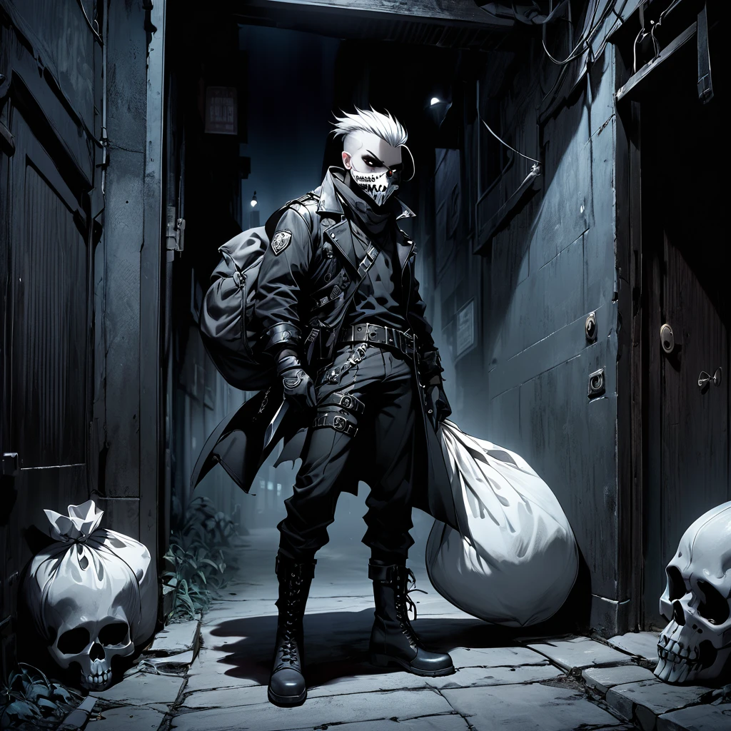 1 man with white sidecut punk hair, black sclera, silver skull mask over his mouth, wearing leather, belts, boots and gloves, standing in an doorway with a sack while holding a knife, dark and eerie night street backdrop
