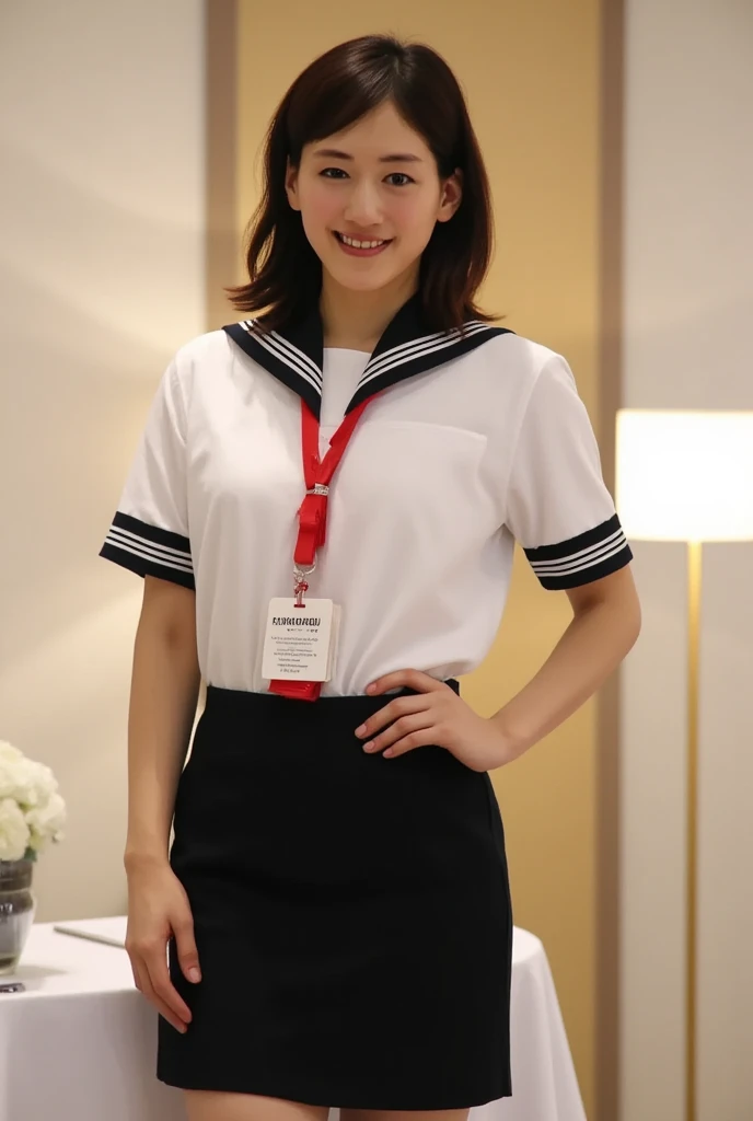 Full-body photo of a stunning japanese girl, backlit by soft warm light. Her age is ****. She stands in a office, white formal shirt, tight shirt, break,, sexy posing. She is wearing black formal suit, black suit miniskirt, break,, Her beautiful face, with delicate features and fair skin, beams at the viewer. red lanyard and id card, black hair, framing her curvy figure. big breasts are perfectly proportioned to her curvy physique. Her gaze meets ours, inviting us into her world of care and compassion.