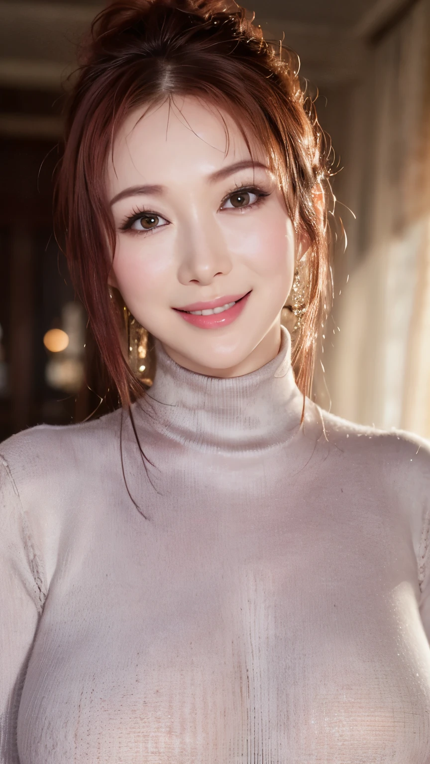 1girl, (RAW photo, best quality), (realistic, photo-realistic:1.4), masterpiece, an extremely delicate and beautiful, extremely detailed, 8k wallpaper, Amazing, finely detail, extremely detailed CG unity 8k wallpaper, ultra-detailed, highres, soft light, beautiful detailed girl, ((perfect face, perfect eyes)), extremely detailed eyes and face, beautiful detailed nose, beautiful detailed eyes,cinematic lighting,perfect anatomy,slender body,smiling, (turtleneck sweater:1.4), (cowboy shot:1.2),