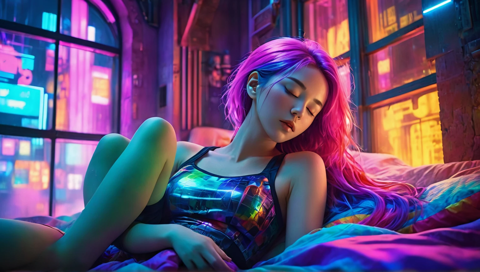 (best quality,8k,ultra-detailed:1.2),(CG,CG art,3D rendering),(masterpiece:1.2),(Crawling on the table),(Sexy clothing),(movie lighting,futuristic),(woman lying in bed,sleeping,closed eyes),(large window behind her,tranquil night),(colorful hair:1.5)