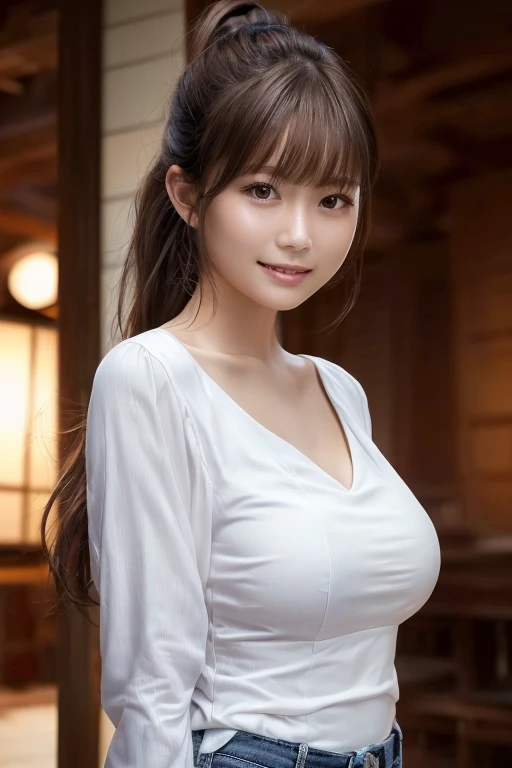 (8k, RAW photo, ultra high res, best quality, masterpiece:1.2), (realistic illustration), (extremely detailed CG unity 8k wallpaper), dynamic lighting, perfect lighting, (a Japanese cute girl:1.2), (20 yo:1.2), (beautiful round-face:1.2), symmetrical beautiful detailed eyes, medium breasts, (brown hair, medium hair, ponytail :1.2), (smile, closed mouth:1.1), gleaming skin, beautiful skin without moles, (white peplum blouse, blue jeans:1.2), (view from front:1.2), (look at viewer:1.1), in ballroom, 