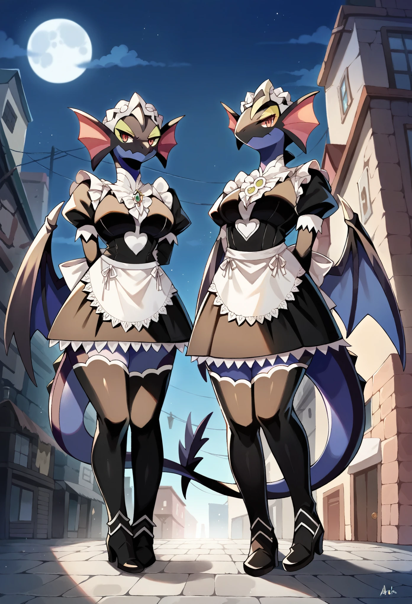 uploaded on e621, (r-mk, rmtwo, bioz, kakiikada, anawat, katahane3), female, duo, twins, anthro, ear fin, fur, scalie, pokemon, noivern, maid, black body, maid apron, long black maid uniform, uniform, clothing, white headwear, white panties, long black maid dress, black maid topwear, black thigh highs, purple areola, thin body, thick thight, wide hips, tail, wings, big large breasts, natural breasts, hidden breasts, arms crossed behind back, low angle view, looking at the viewer, unimpressed, post-apocalypse, crumbling medieval city on background, late night, moon, dark alleyway, detailed face, low angle view, full body, standing,