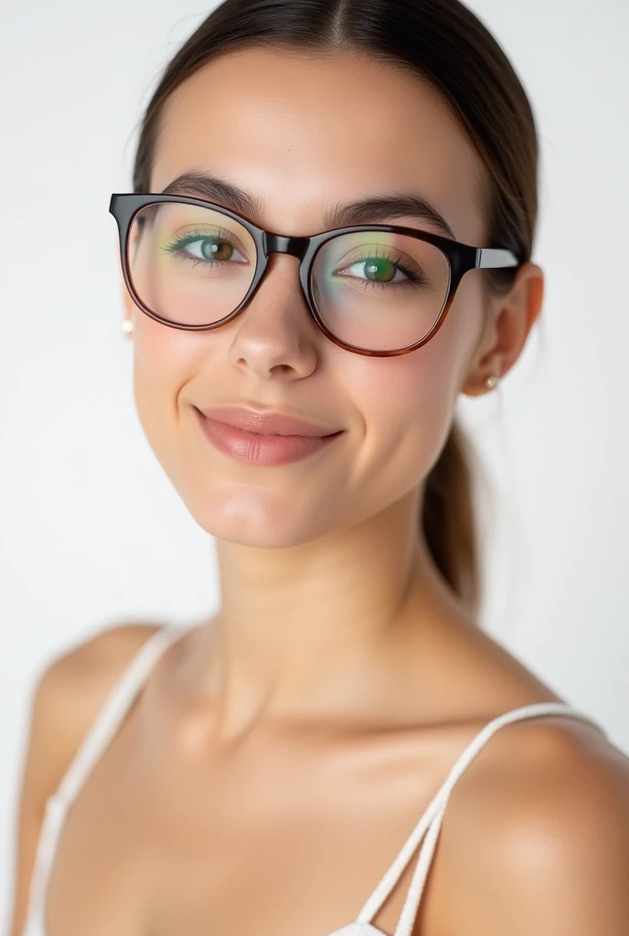 glasses,hfsuzy,A photo-realistic portrait of a young woman with clear, beautiful skin and no makeup, set against a white background, professional camera quality, perfect for skincare product advertising .,hfamencolor,hfsportshortpants
