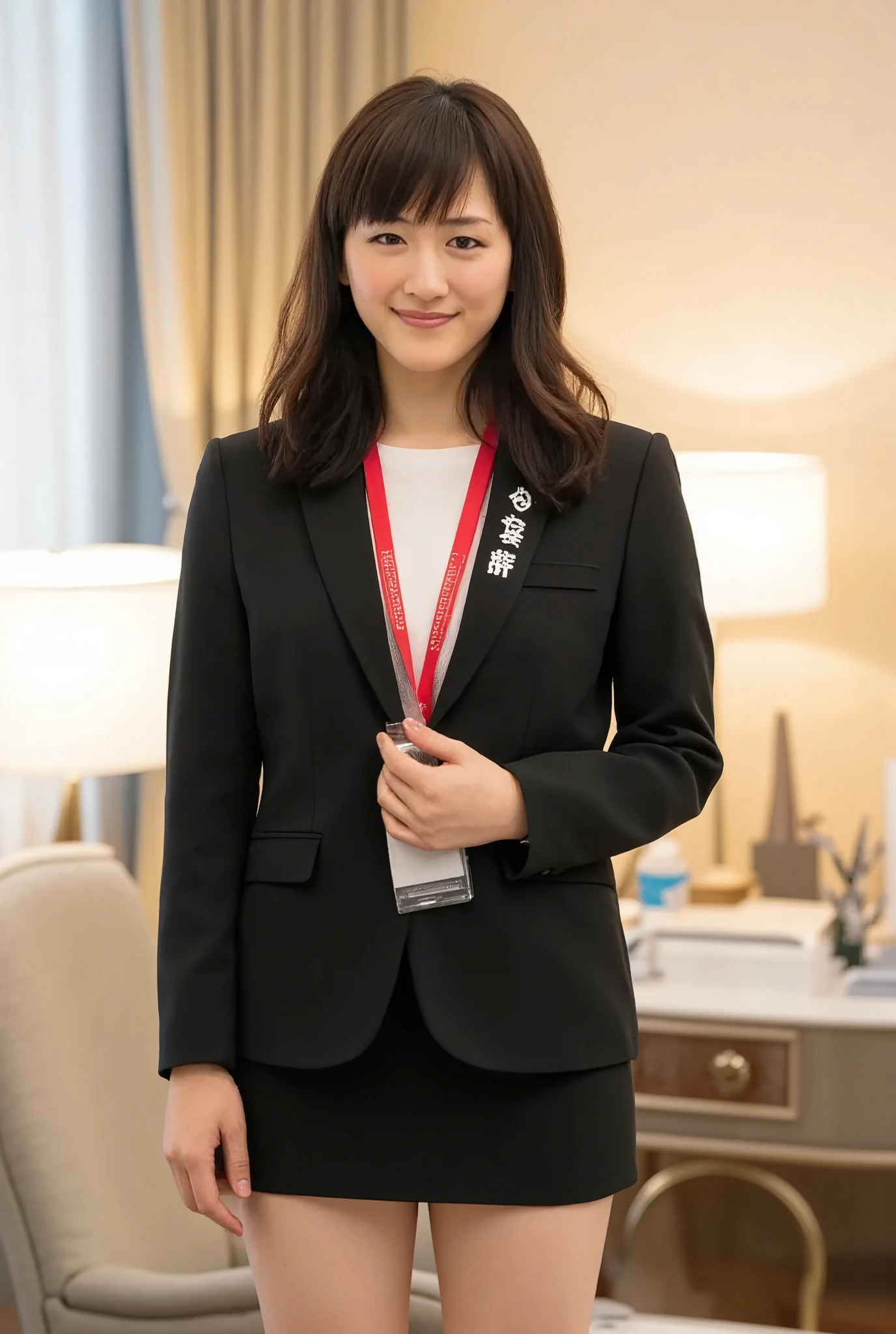 Full-body photo of a stunning japanese girl, backlit by soft warm light. Her age is ****. She stands in a office, white formal shirt, tight shirt, break,, sexy posing. She is wearing black formal suit, black suit miniskirt, break,, Her beautiful face, with delicate features and fair skin, beams at the viewer. red lanyard and id card, black hair, framing her curvy figure. big breasts are perfectly proportioned to her curvy physique. Her gaze meets ours, inviting us into her world of care and compassion.