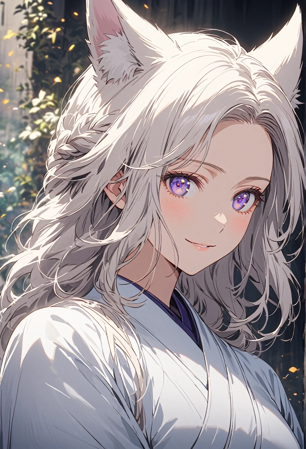 ((Portrait)) ((POV: Close)) ((Motherly expression)) (Smiling) ((Alone)) Create an anime-style image of Aiko, an elegant fox girl with a graceful aura. She has long, white hair styled in a braid, soft, fluffy fox ears, and light purple eyes that radiate warmth and kindness. Her expression is gentle and slightly mischievous, conveying both confidence and a caring nature. She is dressed in a pure white transparent kimono, emphasizing her nurturing elegance and mature aura. Highlight her graceful figure, big breasts, and mature demeanor, reflecting a caring, protective nature alongside a hint of playful mischief. The background is a misty, ethereal garden, softened with dark, muted tones. The celestial, heavenly environment is now shadowed and dreamlike, with a dim, diffuse light casting delicate shadows around her. A depth-of-field effect keeps Aiko sharply in focus, while the rest of the scenery blurs into a haunting, moody backdrop, enhancing her soft yet striking presence. 