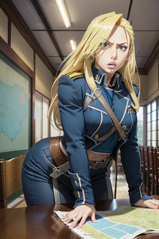 anime character, woman, olivier mira armstrong, fullmetal alchemist, big blonde hair, blue eyes, thick lips,  blue military clothing, Green office, table with map, table with a gun 