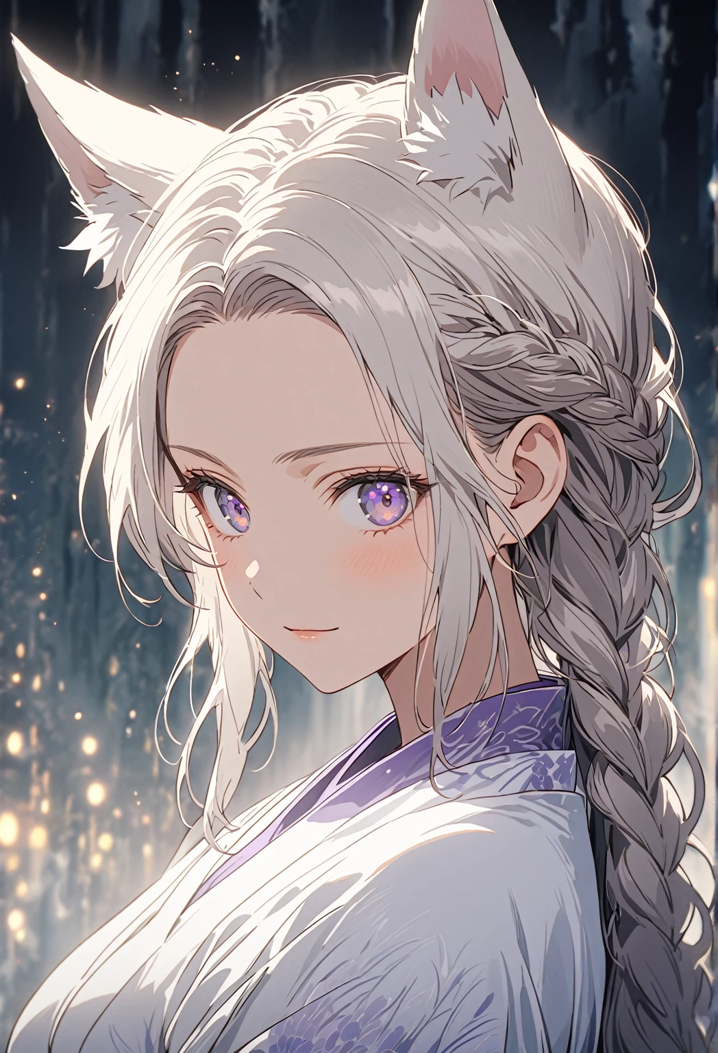 ((Portrait)) ((POV: Close)) ((Motherly expression)) (Elegant expression) ((Alone)) Create an anime-style image of Aiko, an elegant fox girl with a graceful aura. She has long, white hair styled in a braid, soft, fluffy fox ears, and light purple eyes that radiate warmth and kindness. Her expression is gentle and slightly mischievous, conveying both confidence and a caring nature. She is dressed in a pure white transparent kimono, emphasizing her nurturing elegance and mature aura. Highlight her graceful figure, big breasts, and mature demeanor, reflecting a caring, protective nature alongside a hint of playful mischief. The background is a misty, ethereal garden, softened with dark, muted tones. The celestial, heavenly environment is now shadowed and dreamlike, with a dim, diffuse light casting delicate shadows around her. A depth-of-field effect keeps Aiko sharply in focus, while the rest of the scenery blurs into a haunting, moody backdrop, enhancing her soft yet striking presence. 