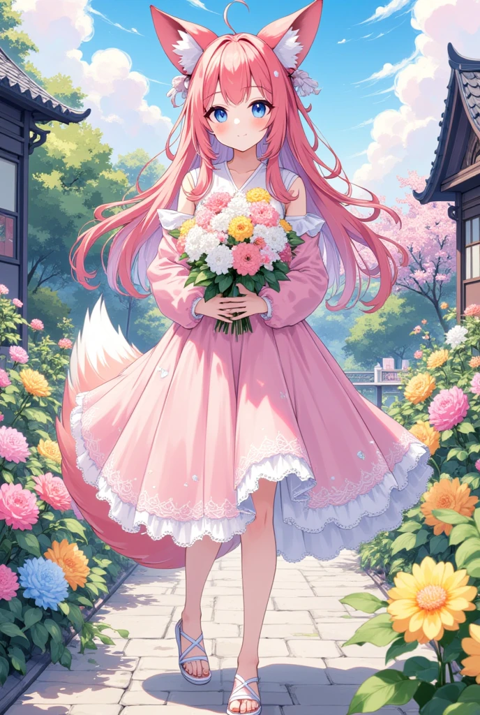  A beautiful 21-year-old anime fox girl with bright blue eyes , long, ((ruby red long hair)),  fox ears and a bushy fox tail ,  stands gracefully in an idyllic garden . She wears an elegant,  pastel pink dress with delicate lace decorations and a flowing skirt ,  that gently swings in the wind ,  matching sandals and subtle jewelry accessories  ( small necklace , armband).  your posture is upright and graceful ,  she is standing slightly to the side of the camera and holds a magnificent bouquet of flowers in her hands,  smiling full of joy and gratitude looking directly at the camera .  The background shows a garden in full bloom with lively flower beds ,  blooming shrubs and trees ,  the soft shadows .  A classic garden house or pavilion creates a romantic atmosphere ,  under a clear blue sky with fluffy clouds .

( extra realistic :1.5), ( 8k Ultra HD :1.5), (hdr:1.4), masterpiece quality,  extremely detailed textures ,  cinema quality ,  perfect facial features and body ,  harmonious and balanced colors ,  realistic light and shadow effects ,  detailed environment ,  clear composition without distractions ,  cheerful and heartfelt expression , Exact Anatomy,  epic composition , ArtStation, intricate details, cinematic