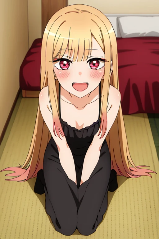 ((Best Quality)), ((masterpiece)), (be familiar with),  perfect face, indoor, bedroom,  watching viewers ,
One woman,  Kitakawa Kaiumi,
 characters with open mouth ,  ecstatic expression, blush, smile,
Small breasts,  flat chest, , ,  s, Girl,
Long Hair,  long hair ,
Leg spread,