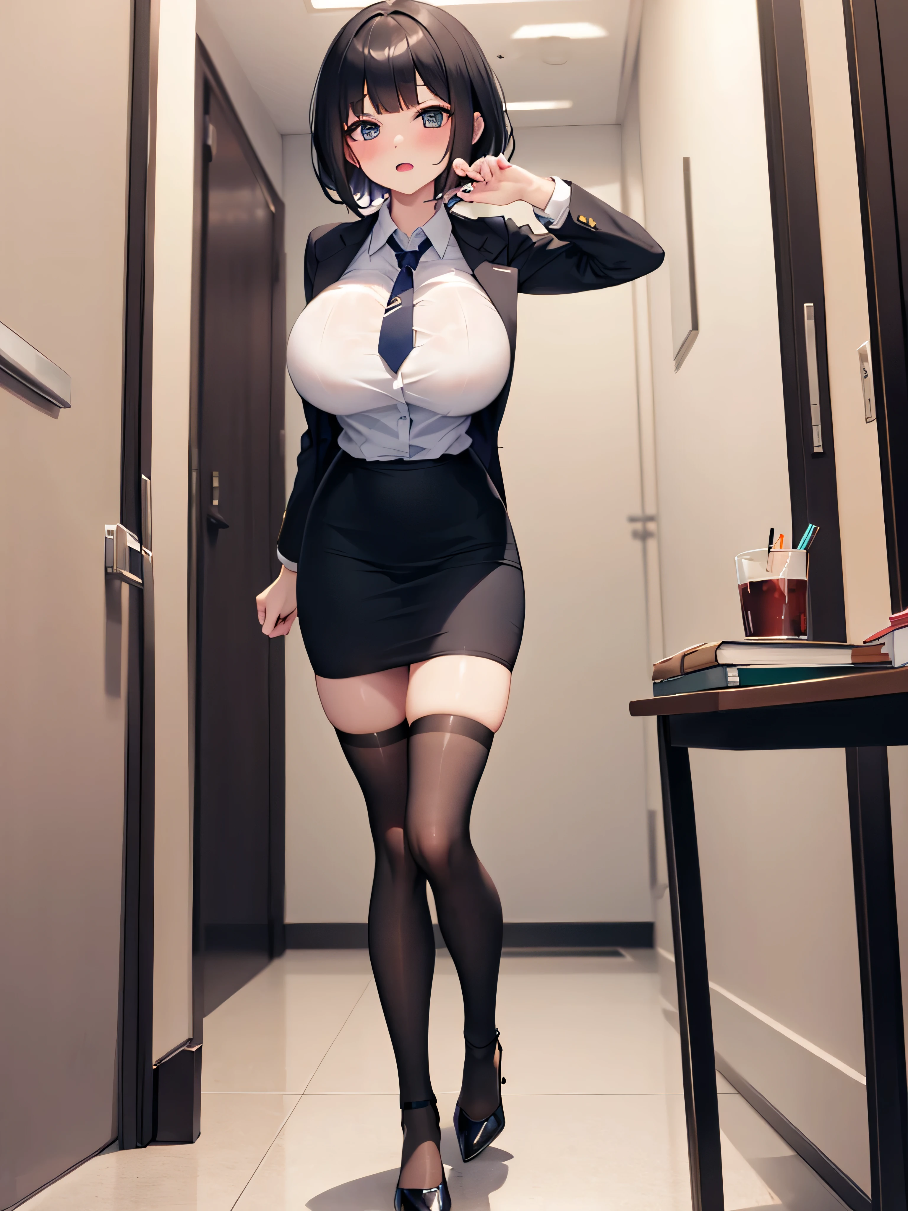 A woman in a suit with short black hair、a miniskirt、Black pantyhose、high-heels、black attache case、president’s office、Beautiful fingertips、beauty legs、red blush、Ecstatic look、opening legs、Camel hoof、Sheer stockings、no panties,no bra,pussy juice,pussy,vagina,orgasm,Place a finger in the vagina