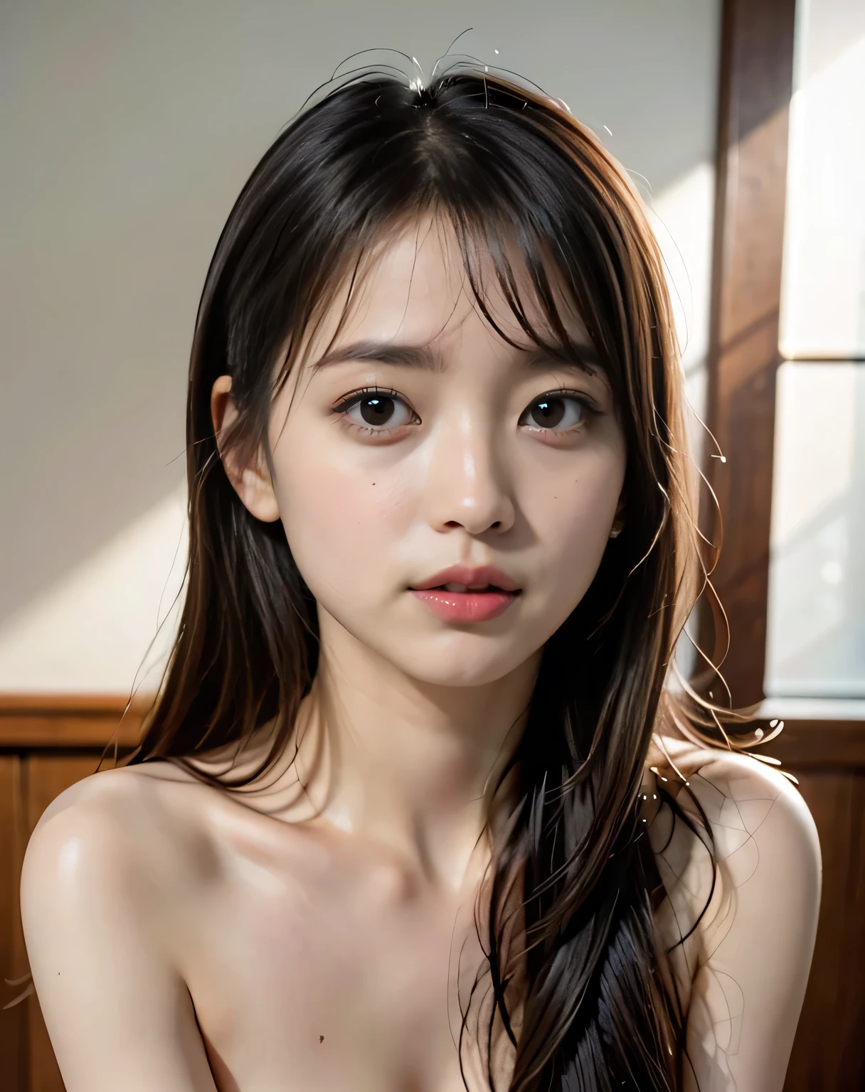 best quality, face focus, soft light, ultra high res, (photorealistic:1.4), RAW photo, {1 japanese girl:, solo},full body, {naked},{ nude},{ bare ,cute, (pupil, lights in the eyes),{{ Double eyelids on both eye}},{{ Long eyelashes}}},detailed beautiful face, (small chest),(high resolution detail of human skin texture), (long hair), , (portrait)