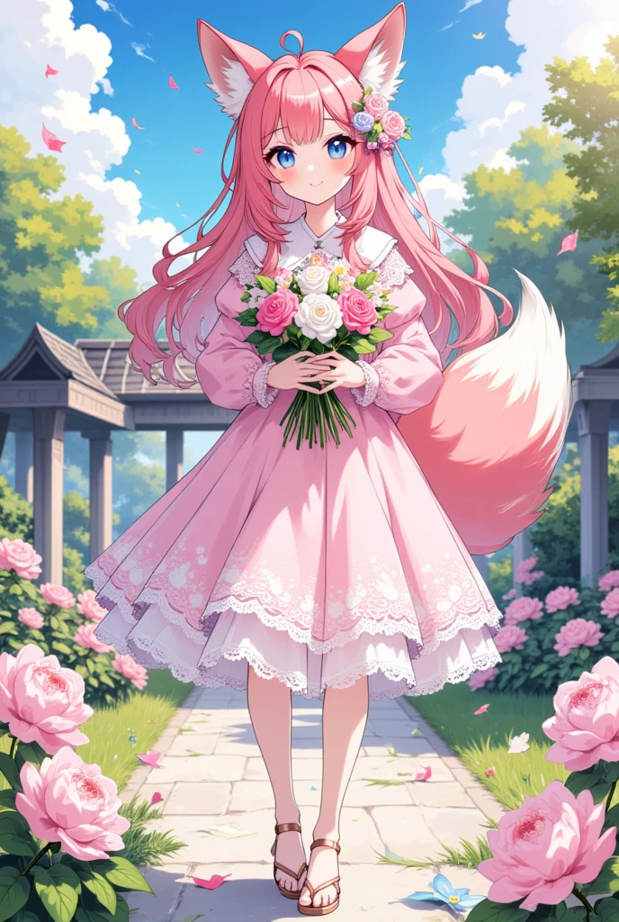  A beautiful 21-year-old anime fox girl with bright blue eyes , long, ((ruby red long hair)),  fox ears and a bushy fox tail ,  stands gracefully in an idyllic garden . She wears an elegant,  pastel pink dress with delicate lace decorations and a flowing skirt ,  that gently swings in the wind ,  matching sandals and subtle jewelry accessories  ( small necklace , armband).  your posture is upright and graceful ,  she is standing slightly to the side of the camera and holds a magnificent bouquet of flowers in her hands,  smiling full of joy and gratitude looking directly at the camera .  The background shows a garden in full bloom with lively flower beds ,  blooming shrubs and trees ,  the soft shadows .  A classic garden house or pavilion creates a romantic atmosphere ,  under a clear blue sky with fluffy clouds .

( extra realistic :1.5), ( 8k Ultra HD :1.5), (hdr:1.4), masterpiece quality,  extremely detailed textures ,  cinema quality ,  perfect facial features and body ,  harmonious and balanced colors ,  realistic light and shadow effects ,  detailed environment ,  clear composition without distractions ,  cheerful and heartfelt expression , Exact Anatomy,  epic composition , ArtStation, intricate details, cinematic