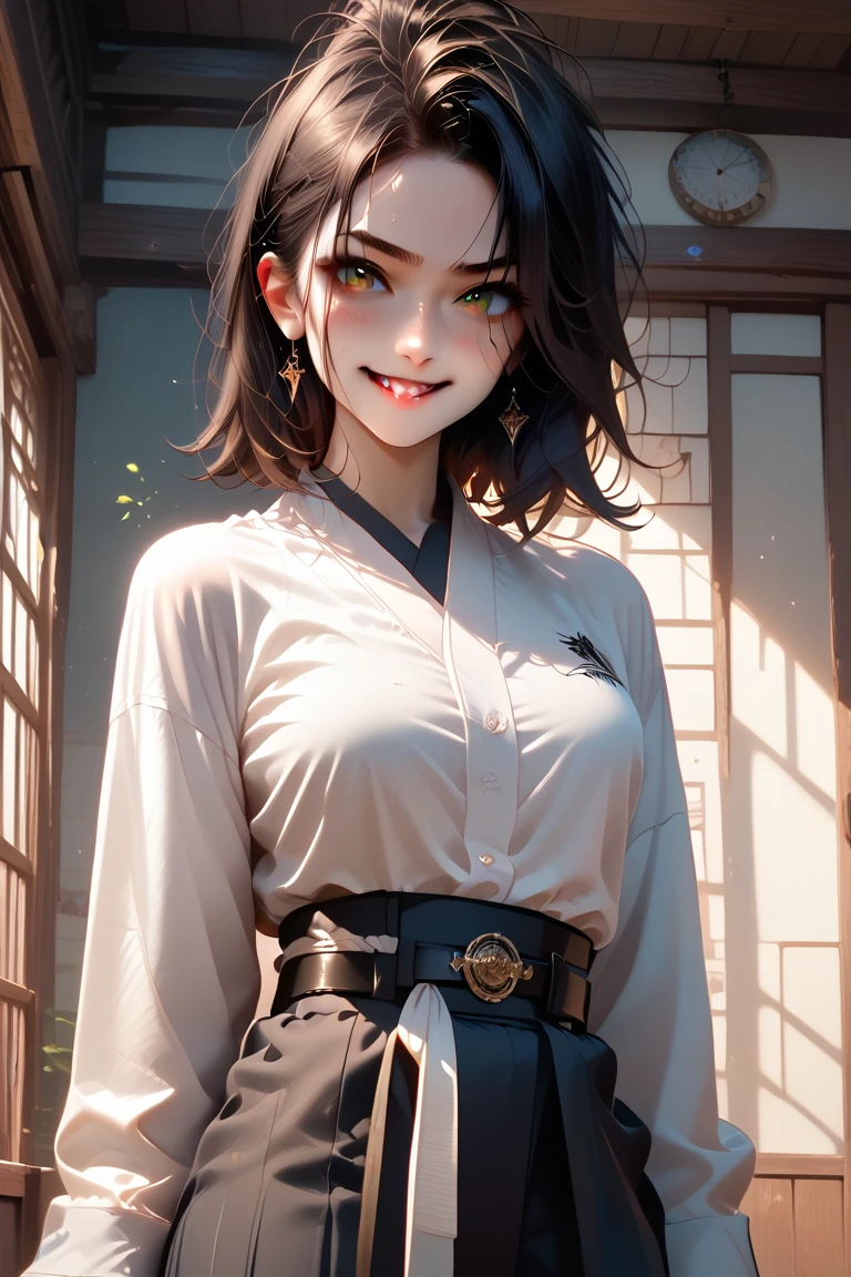 Generate a detailed scene of a young woman in a traditional karate outfit (gi) with a black belt. She stands with her fists clenched, her gi opens and her bare breasts are exposed, leaving her surprised and slightly embarrassed, her cheeks flushed and her eyes wide, which causes her embarrassment. Her long, dark hair frames her face, which is illuminated by dramatic, focused lighting. In the background, two other characters in martial arts uniforms are slightly out of focus, smiling as they watch her. Use warm, dramatic lighting to enhance the character's expression and convey a moment of tension or surprise, with an anime-style emphasis on facial expressions and humor.