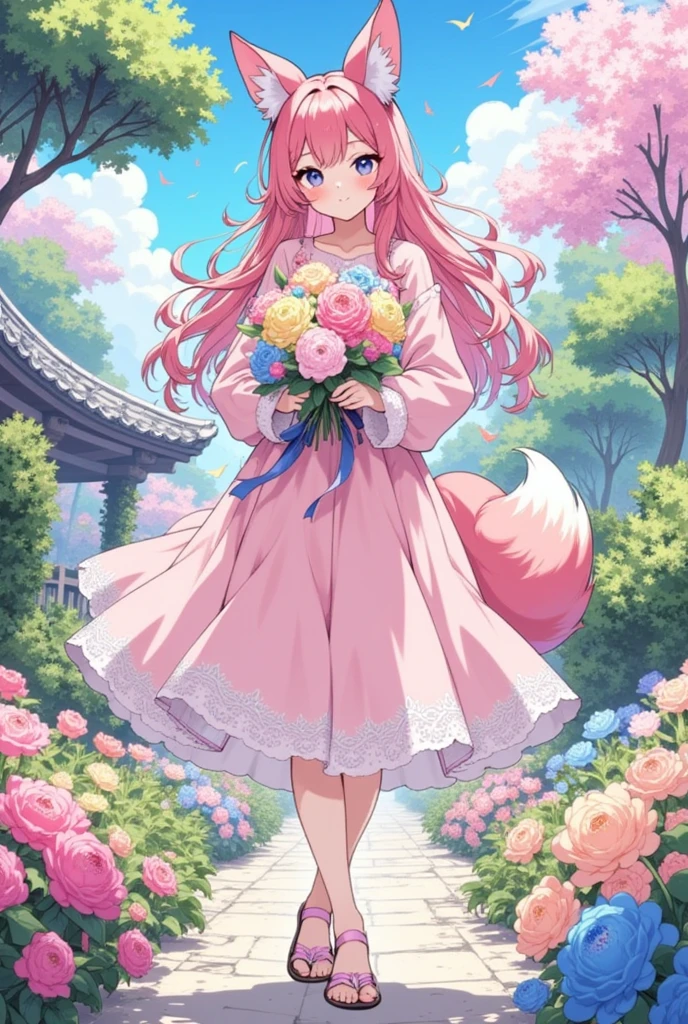  A beautiful 21-year-old anime fox girl with bright blue eyes , long, (ruby red long hair:1.5),  fox ears and a bushy fox tail ,  stands gracefully in an idyllic garden . She wears an elegant,  pastel pink dress with delicate lace decorations and a flowing skirt ,  that gently swings in the wind ,  matching sandals and subtle jewelry accessories  ( small necklace , armband).  your posture is upright and graceful ,  she is standing slightly to the side of the camera and holds a magnificent bouquet of flowers in her hands,  smiling full of joy and gratitude looking directly at the camera .  The background shows a garden in full bloom with lively flower beds ,  blooming shrubs and trees ,  the soft shadows .  A classic garden house or pavilion creates a romantic atmosphere ,  under a clear blue sky with fluffy clouds .

( extra realistic :1.5), ( 8k Ultra HD :1.5), (hdr:1.4), masterpiece quality,  extremely detailed textures ,  cinema quality ,  perfect facial features and body ,  harmonious and balanced colors ,  realistic light and shadow effects ,  detailed environment ,  clear composition without distractions ,  cheerful and heartfelt expression , Exact Anatomy,  epic composition , ArtStation, intricate details, cinematic