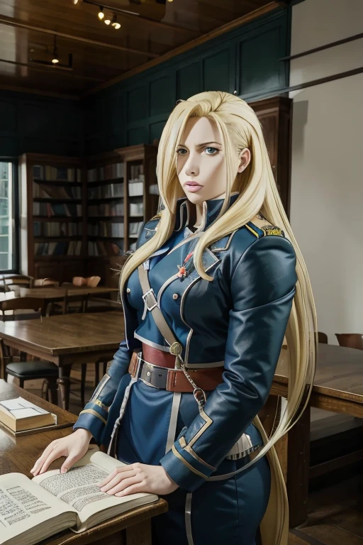 anime character, woman, olivier mira armstrong, fullmetal alchemist, big blonde hair, blue eyes, thick lips,  blue military clothing, Green office,  table with books, weapons on the wall 