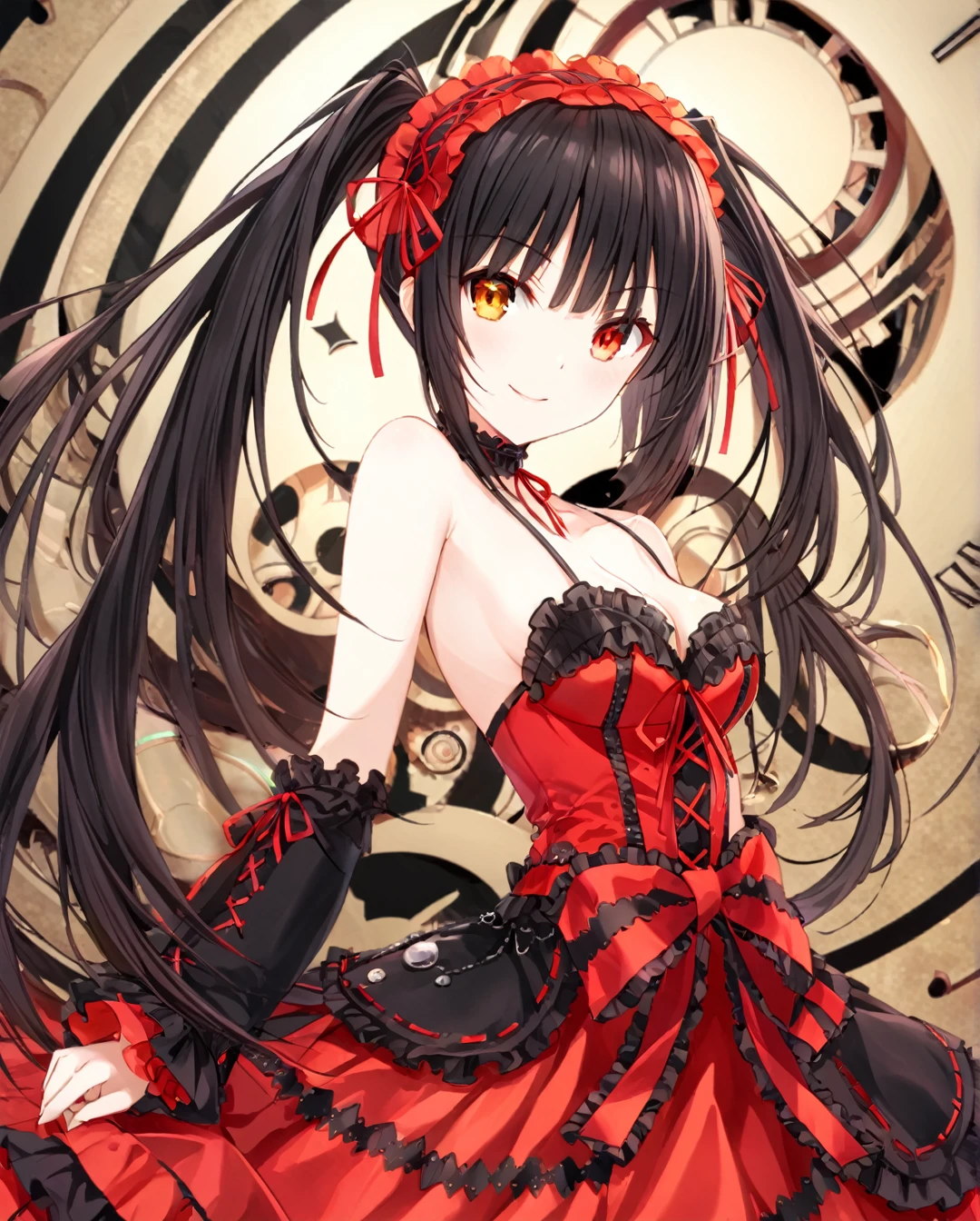  1 girl, Tokisaki_walnut, Alone,  Twin Tails, breast, clock_eye, length_hair, black_hair, yellow_eye, red_eye, Heterochroism ,  staring _in_ viewers,  clevis,  medium_breast, hairband, _fashion, _hairband, smile, symbol shape _student, floining_hair, clavicle,  choker, ribbon,  upper _body, Naked_ Shoulder , red_ribbon,  dress