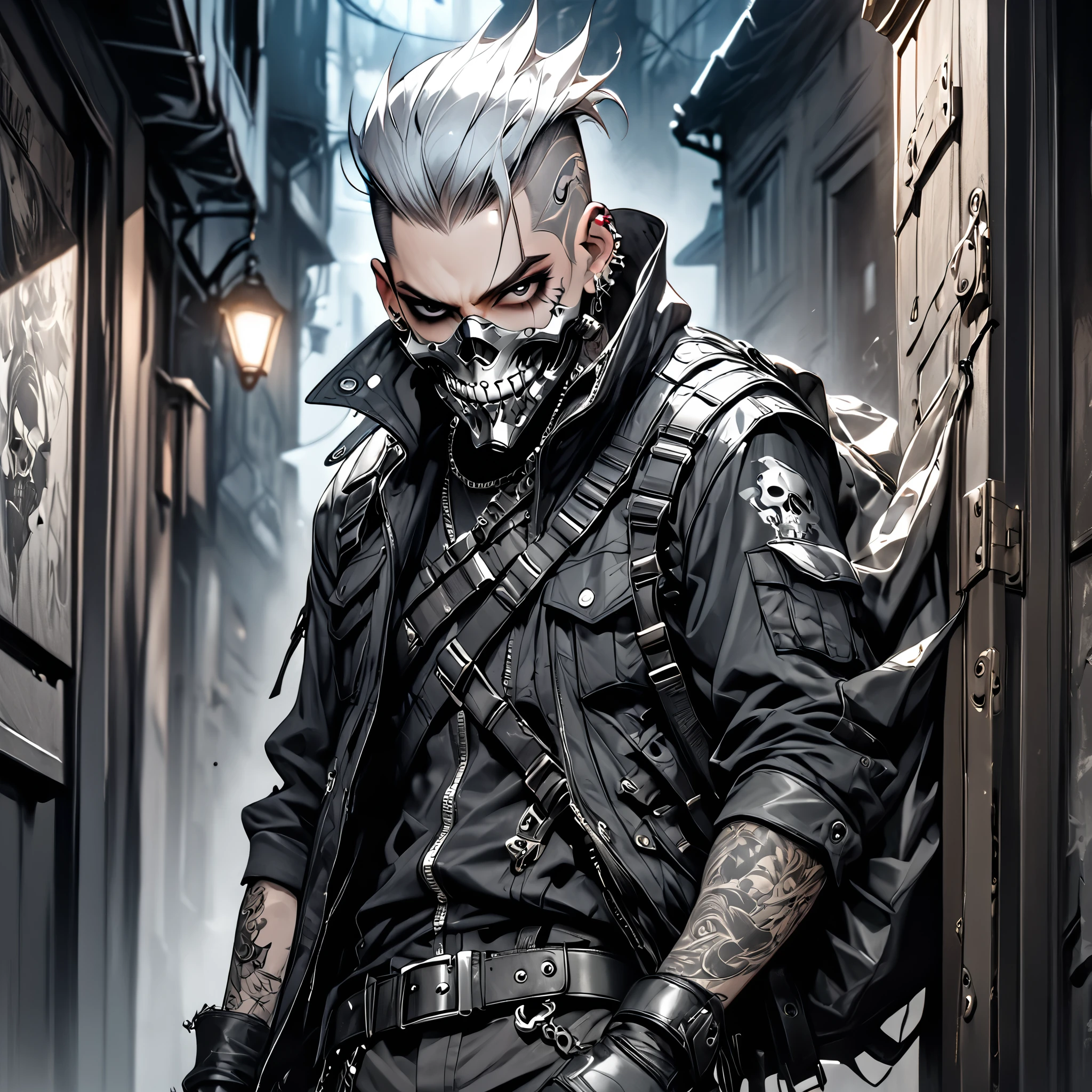 1 man with white sidecut punk hair, black sclera, silver skull mask over his mouth, wearing leather, belts, boots and gloves, standing in an doorway with a sack while holding a knife, dark and eerie night street backdrop, tattoos on lower arms
