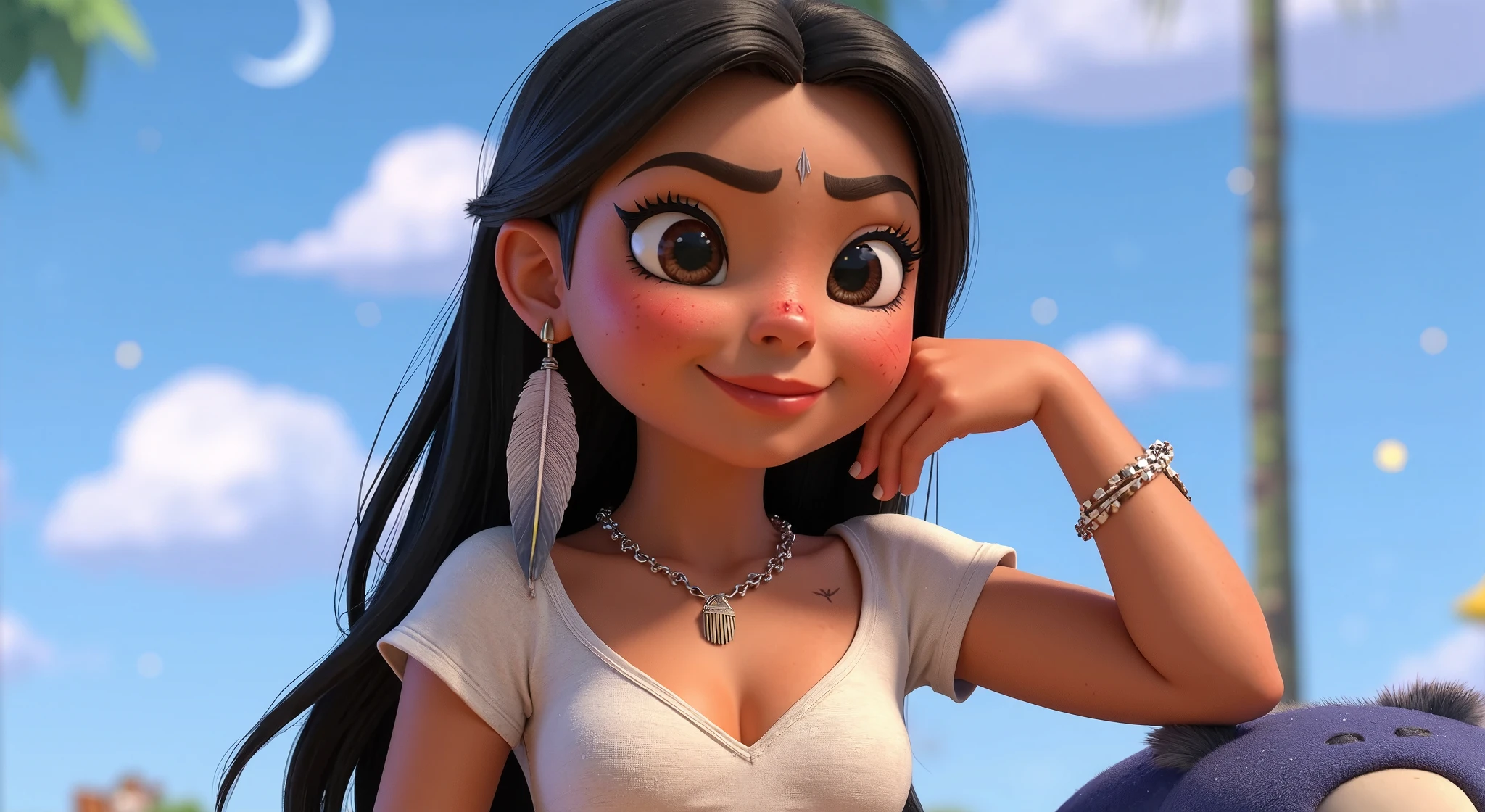 Inspired by the arts of Disney Pixar, create the image of a Brazilian Indian girl,She is short, 1.35m tall with an irresistible body, a young but appetizing body, small and hard chest area, small, pert and firm buttocks, beautiful, charming, daring, She has a feather hanging from her ear, long straight black hair, she is naughty, no male can resist, she even attracts the attention of forest animals, who like to smell her buttocks and the part where her urine comes out. The chest area is small, it is beginning to develop, it has an attractive appearance that makes men and animals desire it for procreation, the chest area is hard and sharp, it can be seen because she wears neither a bra nor panties, Because she is Indian, she wears safari shorts, they are very tight and short because she pulled them on, they end up leaving a mark right in the middle of her legs as if the seam in the middle of the shorts invaded the area where urine comes out, She has light brown skin. She has tanned and sweaty skin. She wears a white t-shirt, without prints, well fitted to her body, modeling her beautiful body. She wears Tomb Raider style socks and boots. The drawings are expected from Disney Pixar's best graphic artists. The ending is sinful. The details are meticulous, worthy of Disney Pixar professionals. She is in a room with a sleeping cheetah cub, a sleeping tapir baby and a sleeping blue macaw baby, all with their eyes closed. She observes each animal. She is in a forest environment. It's a beautiful night full of stars, like a beautiful moon, and fireflies illuminating the trees and original plants of the Amazon.