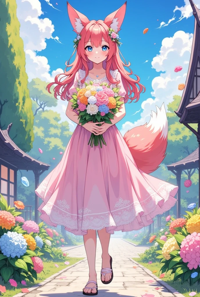  A beautiful 21-year-old anime fox girl with bright blue eyes , long, (ruby red long hair:1.5),  fox ears and a bushy fox tail ,  stands gracefully in an idyllic garden . She wears an elegant,  pastel pink dress with delicate lace decorations and a flowing skirt ,  that gently swings in the wind ,  matching sandals and subtle jewelry accessories  ( small necklace , armband).  your posture is upright and graceful ,  she is standing slightly to the side of the camera and holds a magnificent bouquet of flowers in her hands,  smiling full of joy and gratitude looking directly at the camera .  The background shows a garden in full bloom with lively flower beds ,  blooming shrubs and trees ,  the soft shadows .  A classic garden house or pavilion creates a romantic atmosphere ,  under a clear blue sky with fluffy clouds .

( extra realistic :1.5), ( 8k Ultra HD :1.5), (hdr:1.4), masterpiece quality,  extremely detailed textures ,  cinema quality ,  perfect facial features and body ,  harmonious and balanced colors ,  realistic light and shadow effects ,  detailed environment ,  clear composition without distractions ,  cheerful and heartfelt expression , Exact Anatomy,  epic composition , ArtStation, intricate details, cinematic